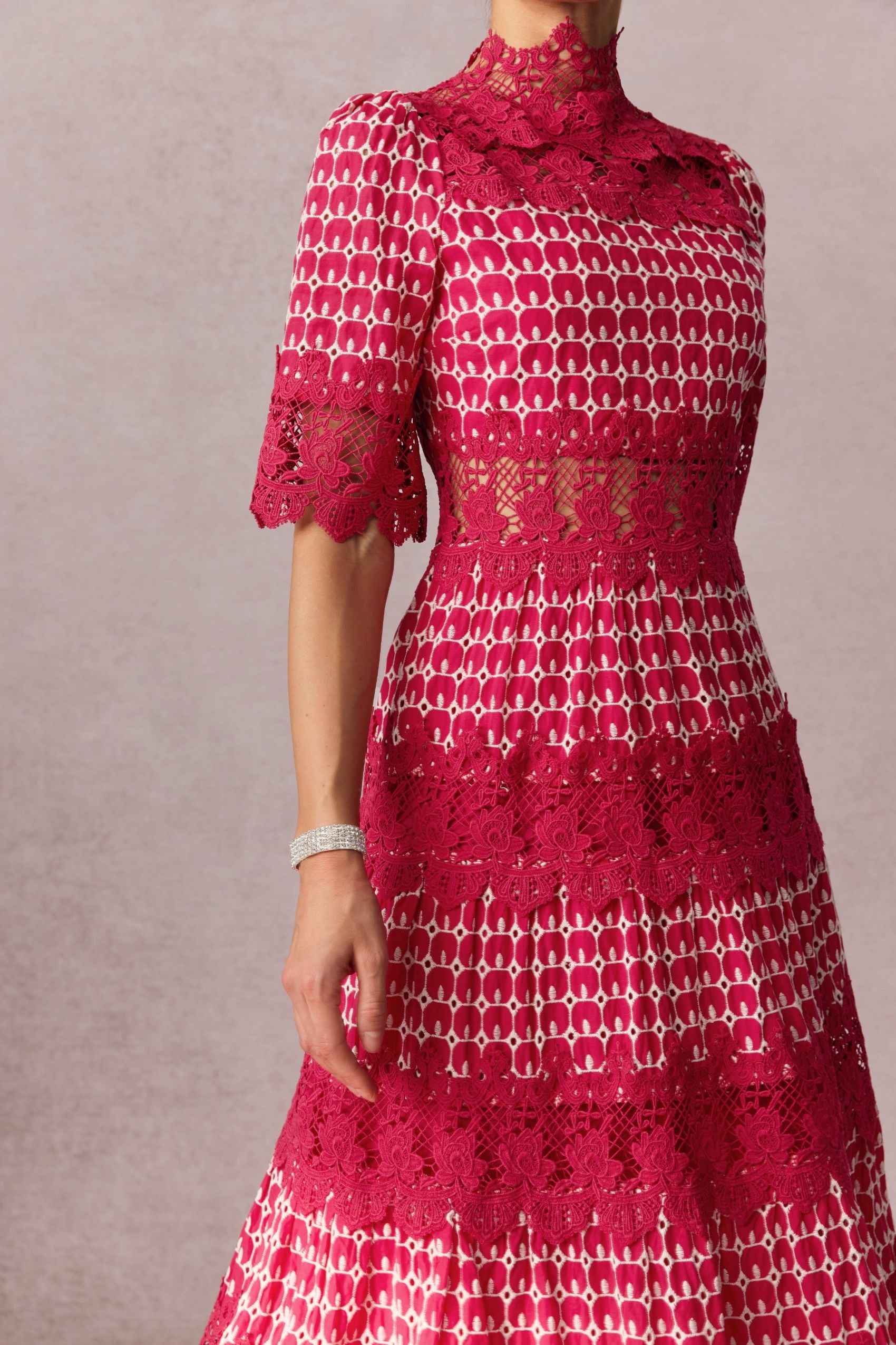 Elegant Sabrina Embroidered Lace Short Sleeve Midi Dress for Women