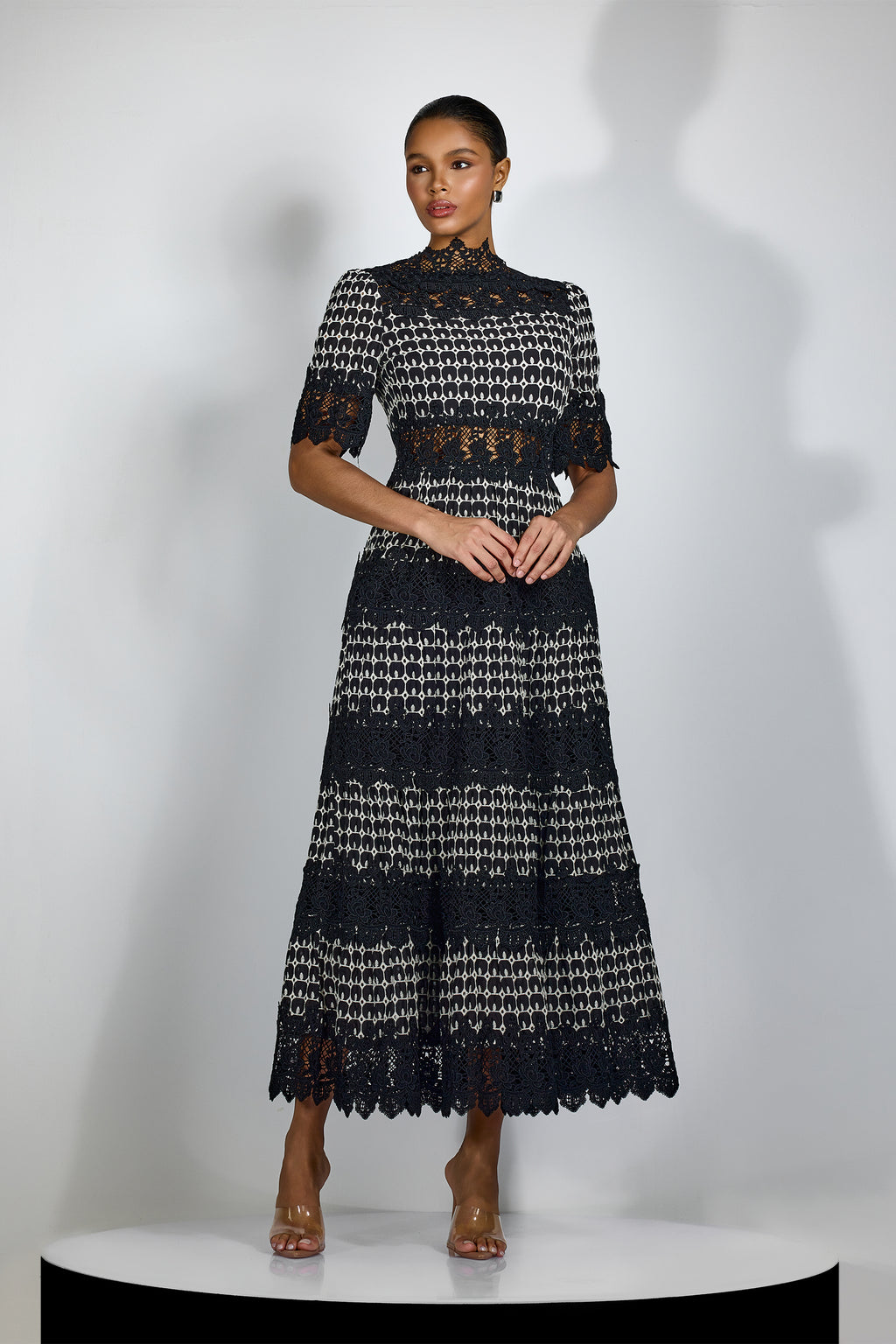 Elegant Sabrina Embroidered Lace Short Sleeve Midi Dress for Resort Wear