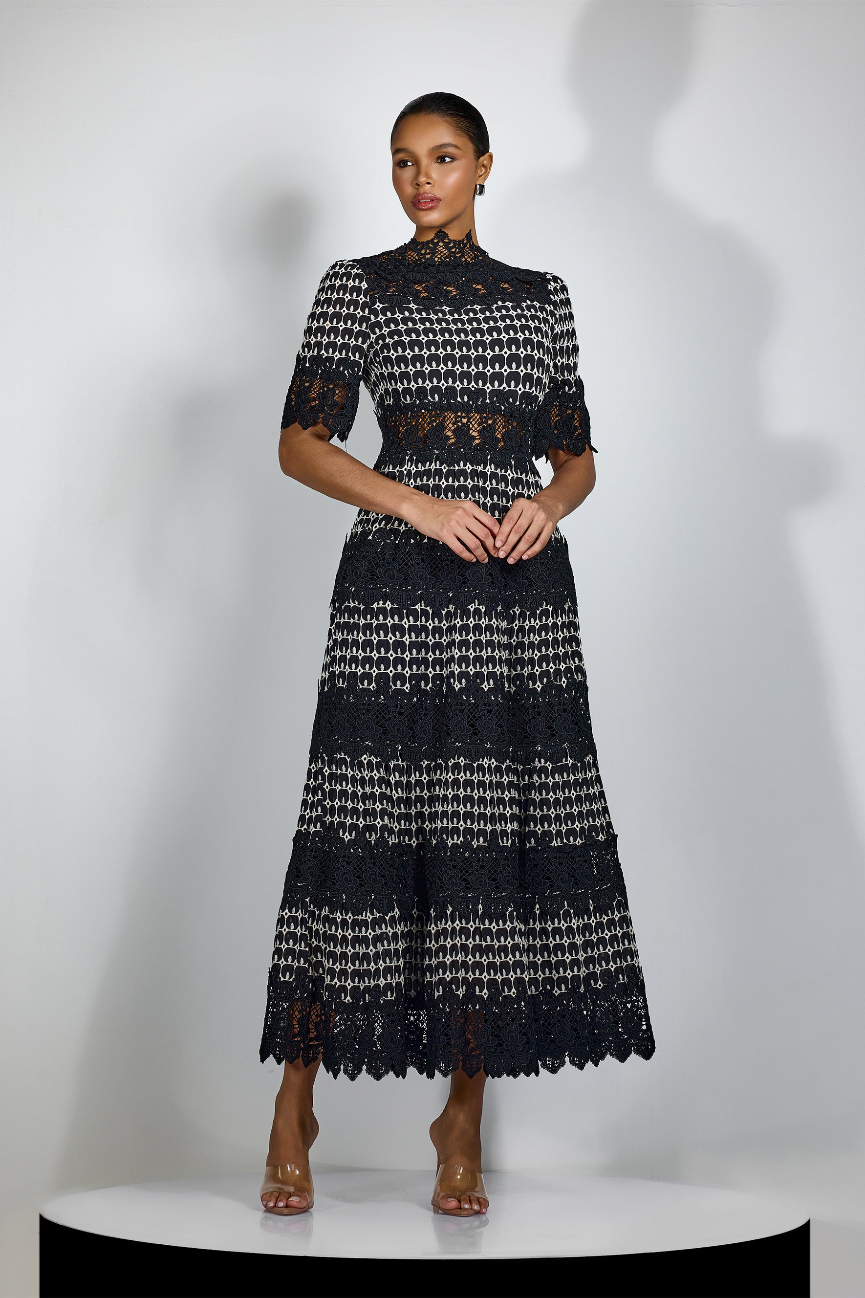 Elegant Sabrina Embroidered Lace Short Sleeve Midi Dress for Resort Wear