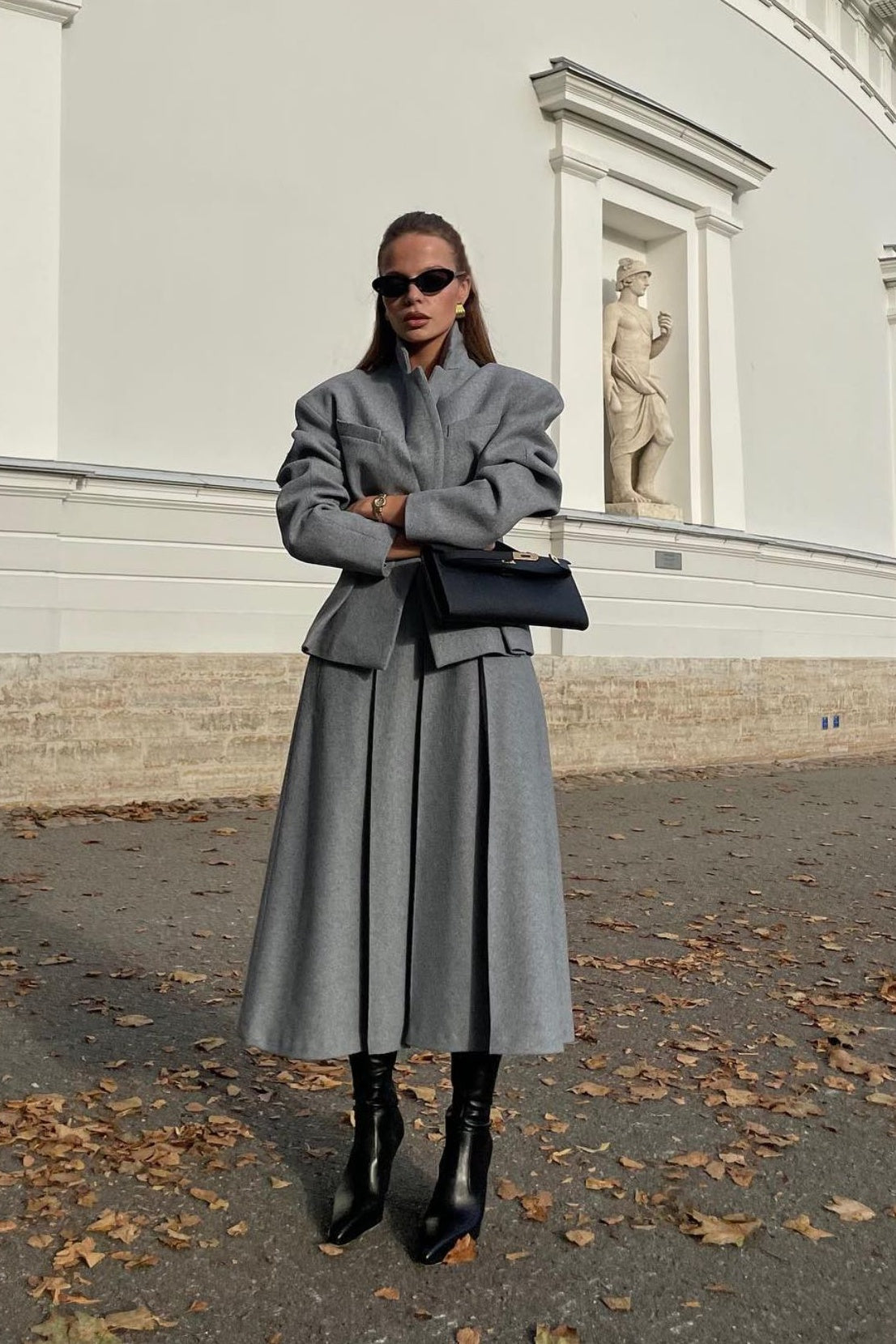 Chic Georgia Lapel Blazer & Pleated Midi Skirt Set: Elegant Power Suit