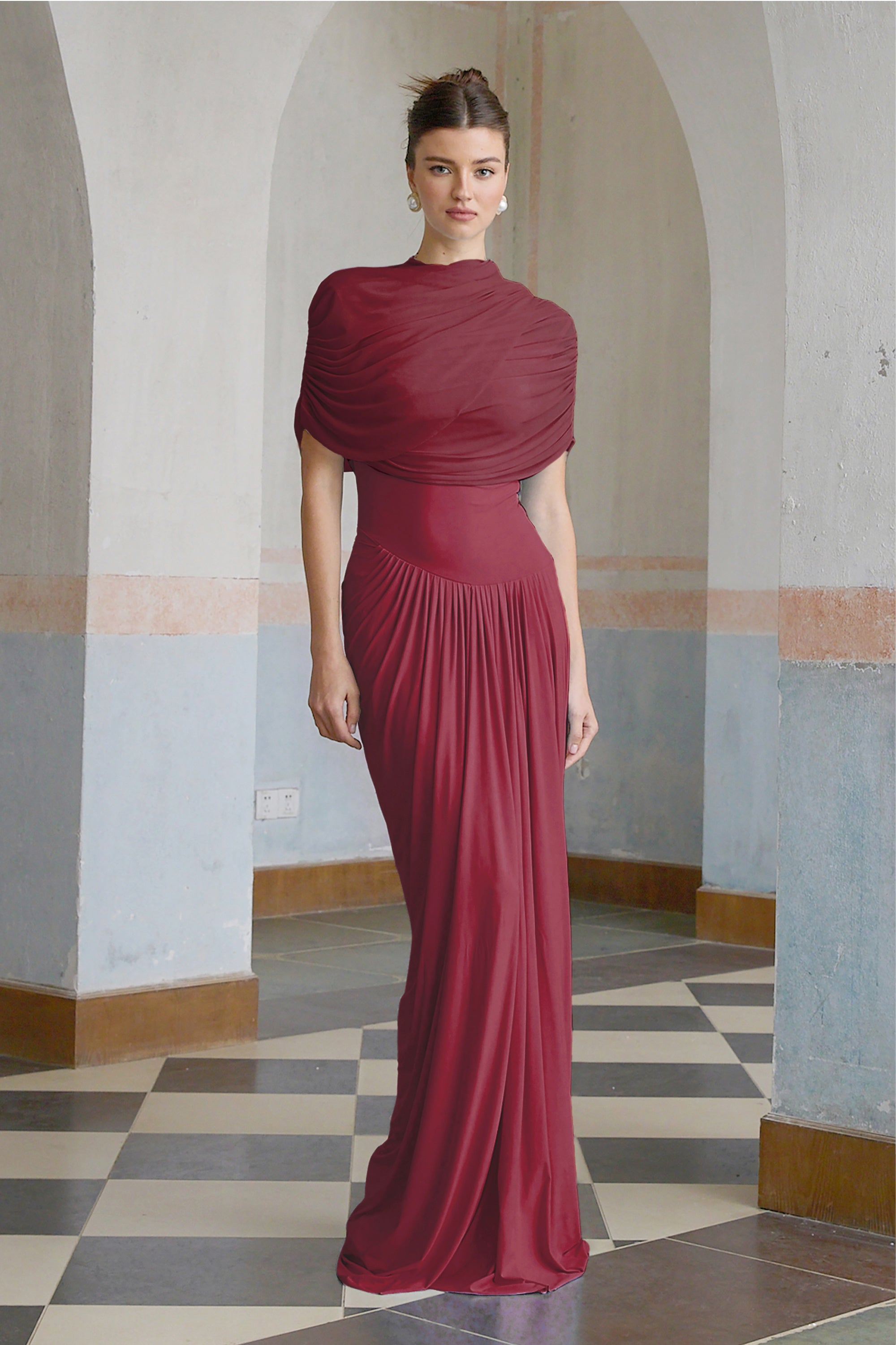 Catherine Red Asymmetric Pleated Maxi Dress with Mesh Shawl