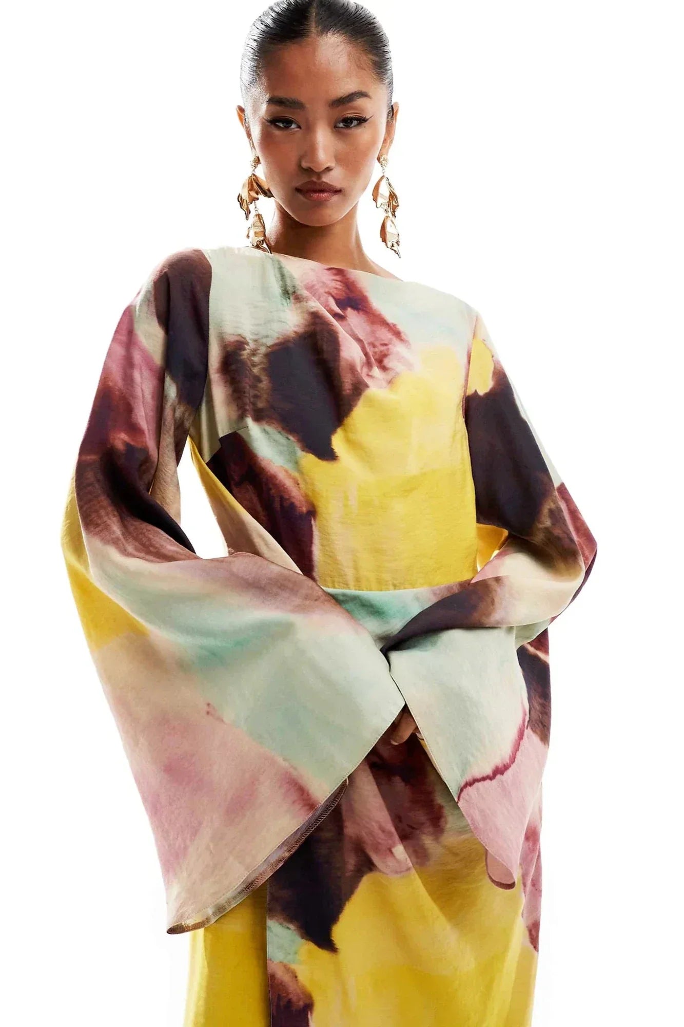 Abstract Watercolor Print Ultra Long Dress - Flowy Bohemian Maxi Gown