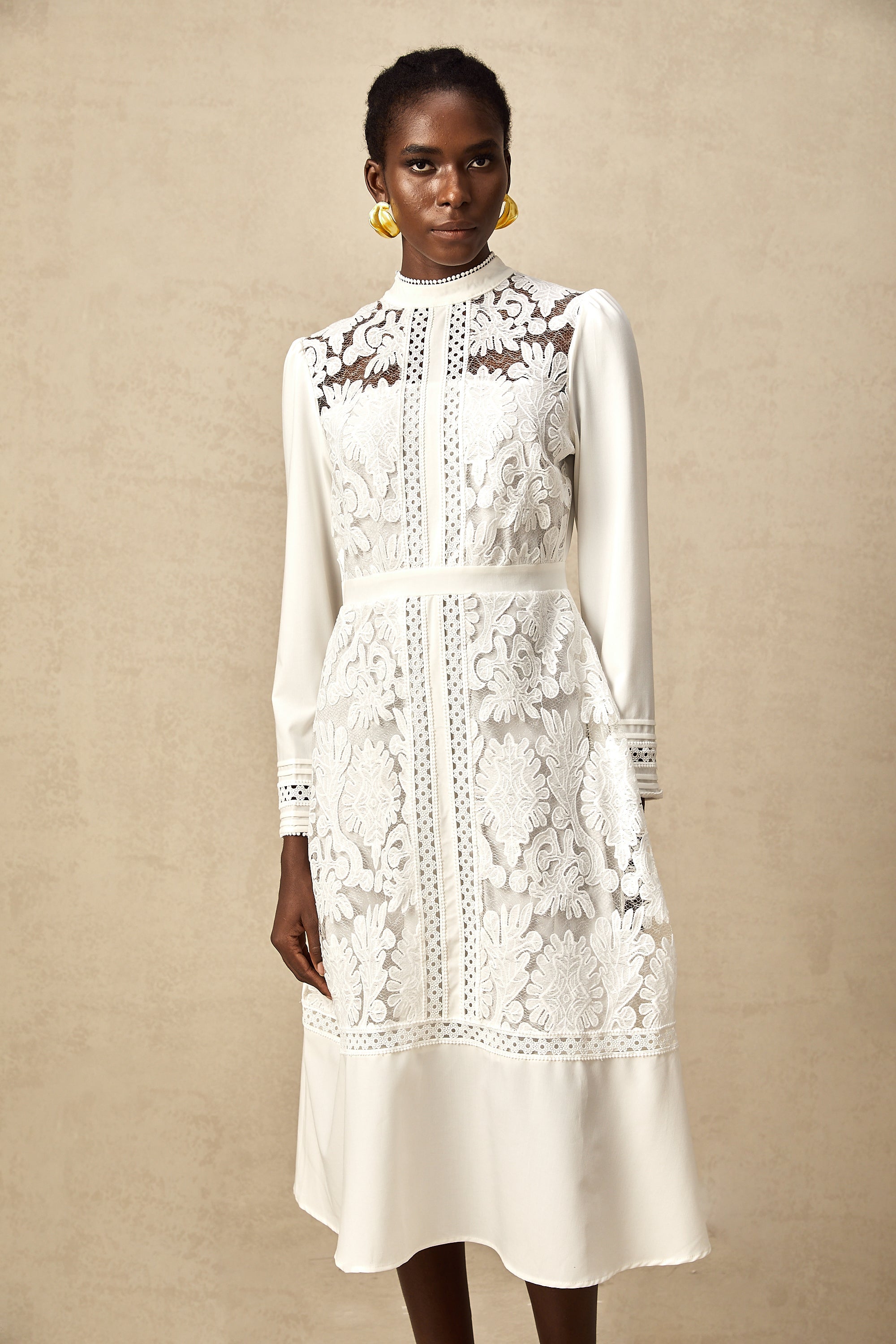 Elegant White Panelled Embroidery Midi Dress - Perfect for Every Occasion