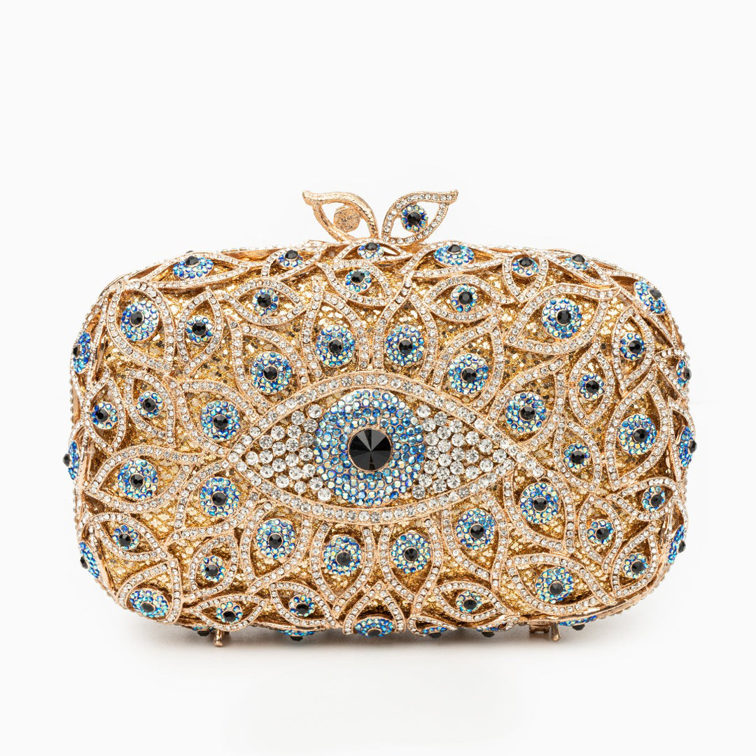 Gold Crystal Evil Eye Clutch Bag with Sparkling Rhinestones