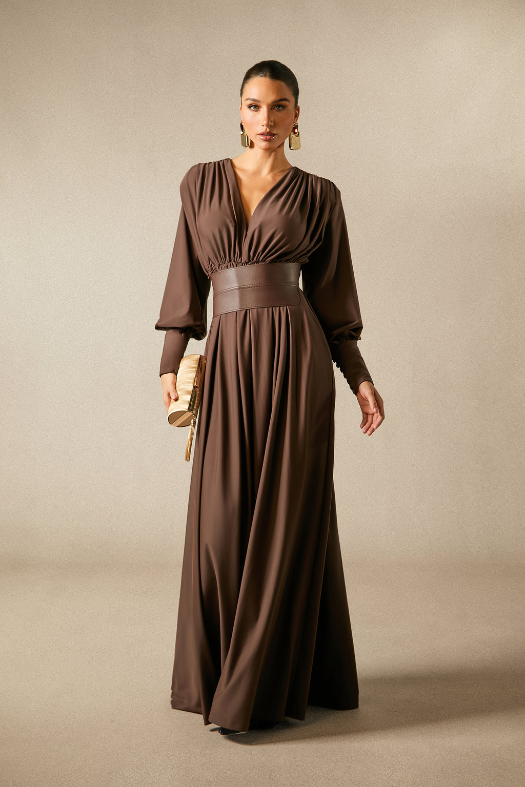 Renata Elegant Plunge V-Neck Long Sleeve Maxi Dress with Belt