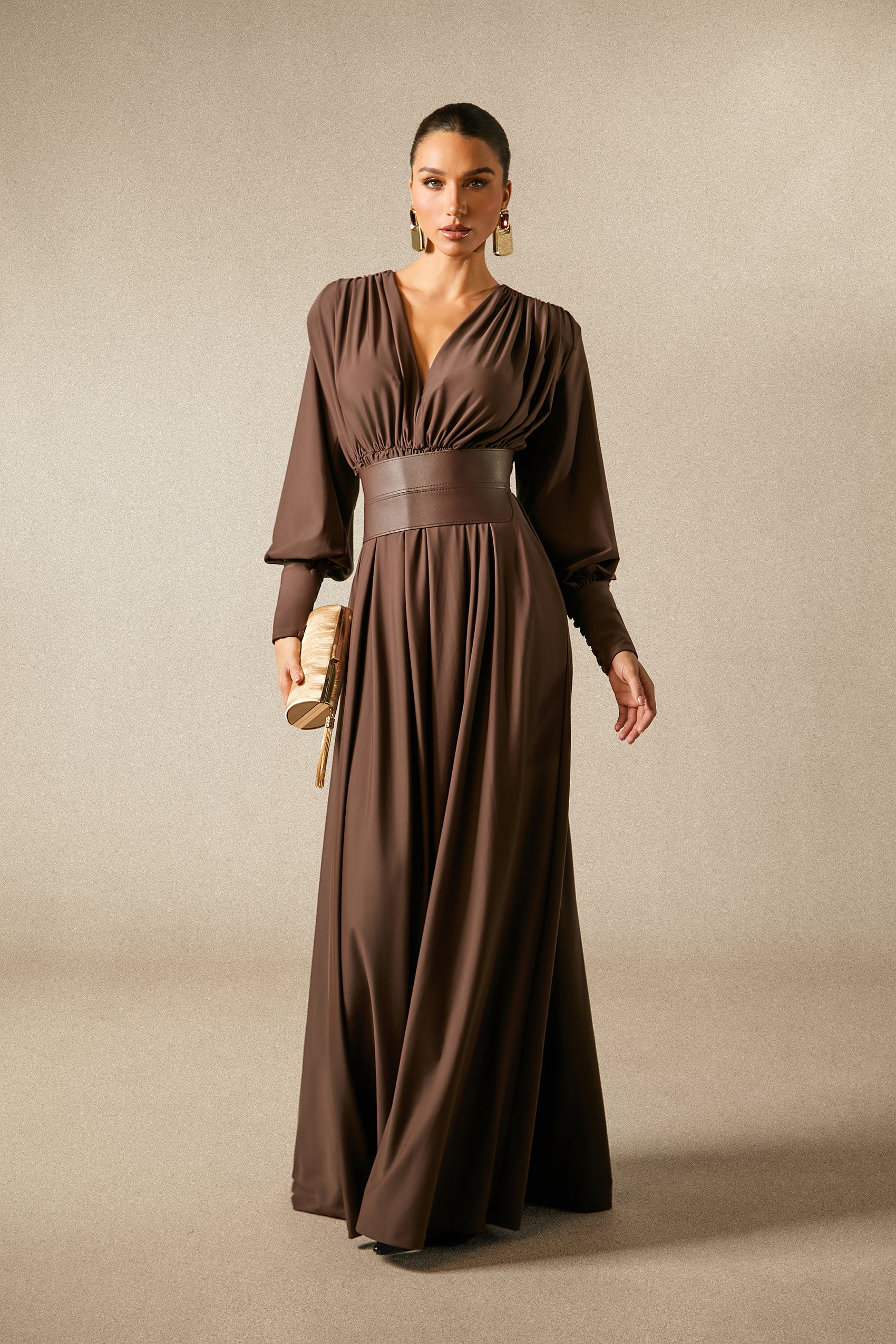 Renata Elegant Plunge V-Neck Long Sleeve Maxi Dress with Belt
