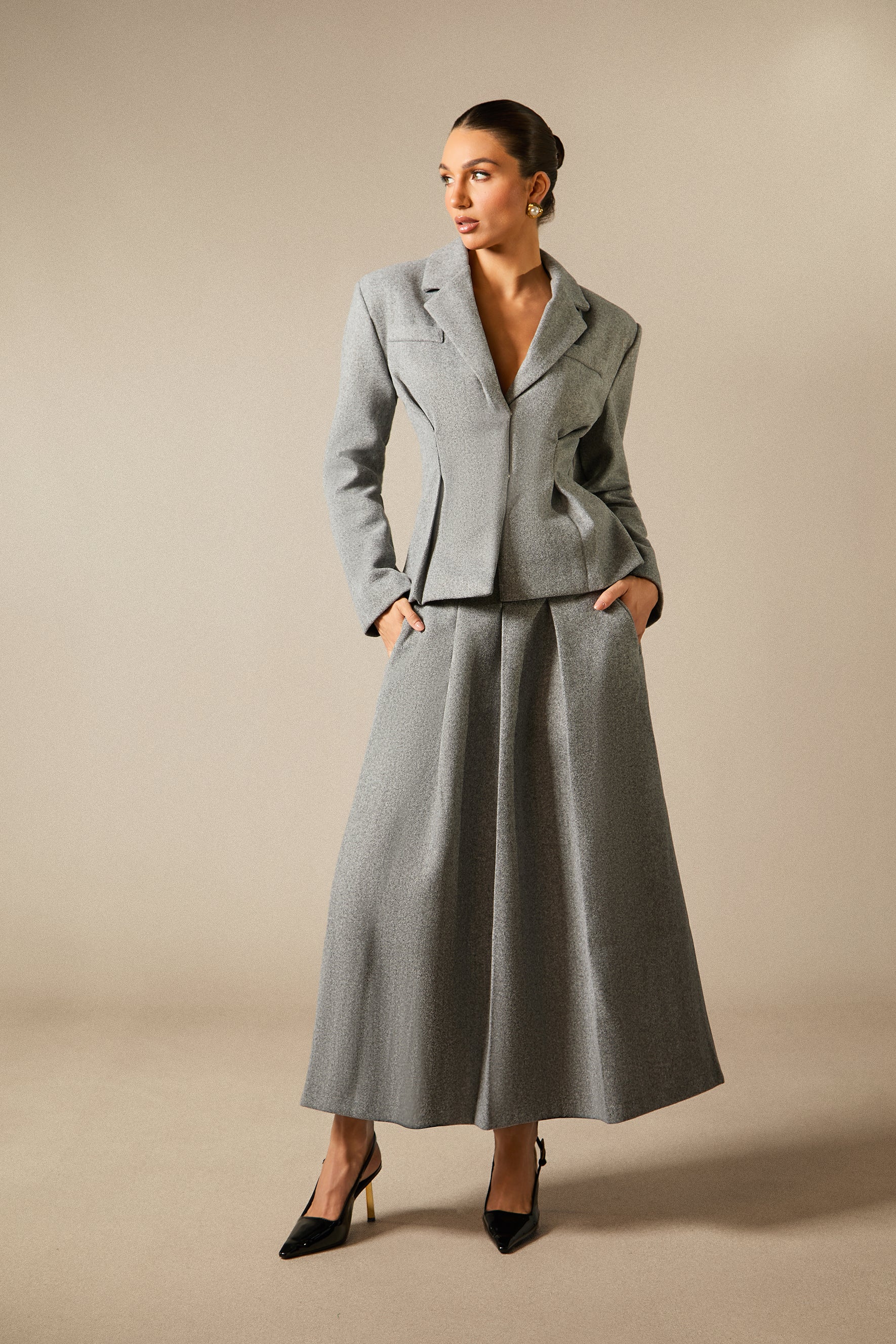 Chic Georgia Lapel Blazer & Pleated Midi Skirt Set: Elegant Power Suit