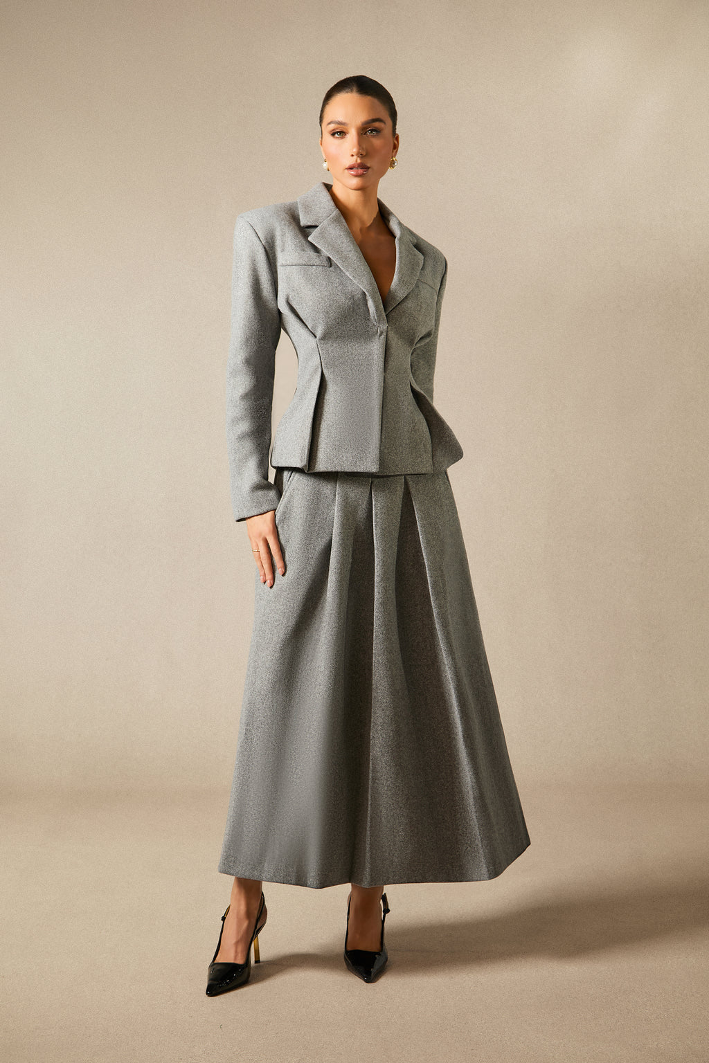 Chic Georgia Lapel Blazer & Pleated Midi Skirt Set: Elegant Power Suit