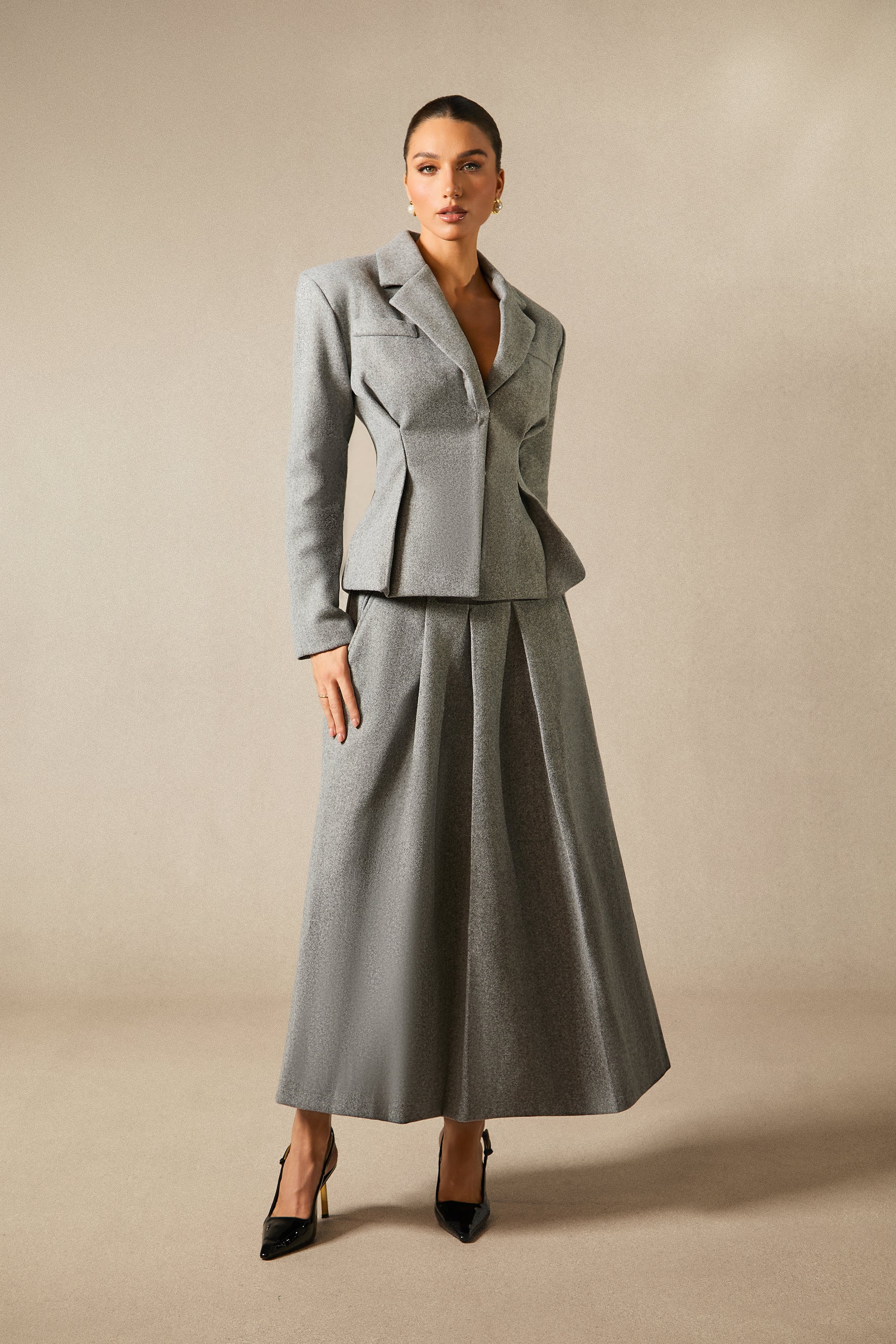 Chic Georgia Lapel Blazer & Pleated Midi Skirt Set: Elegant Power Suit