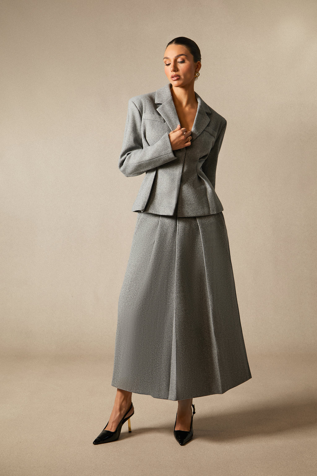 Chic Georgia Lapel Blazer & Pleated Midi Skirt Set: Elegant Power Suit