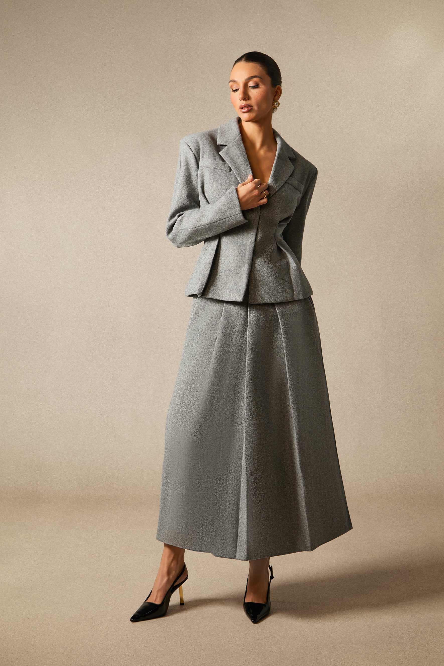 Chic Georgia Lapel Blazer & Pleated Midi Skirt Set: Elegant Power Suit