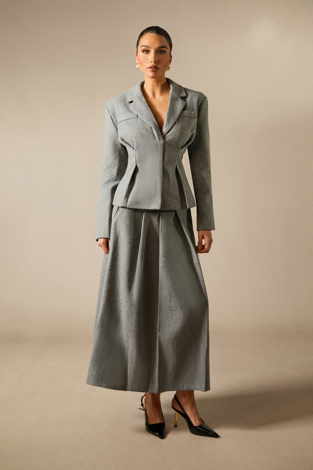 Chic Georgia Lapel Blazer & Pleated Midi Skirt Set: Elegant Power Suit
