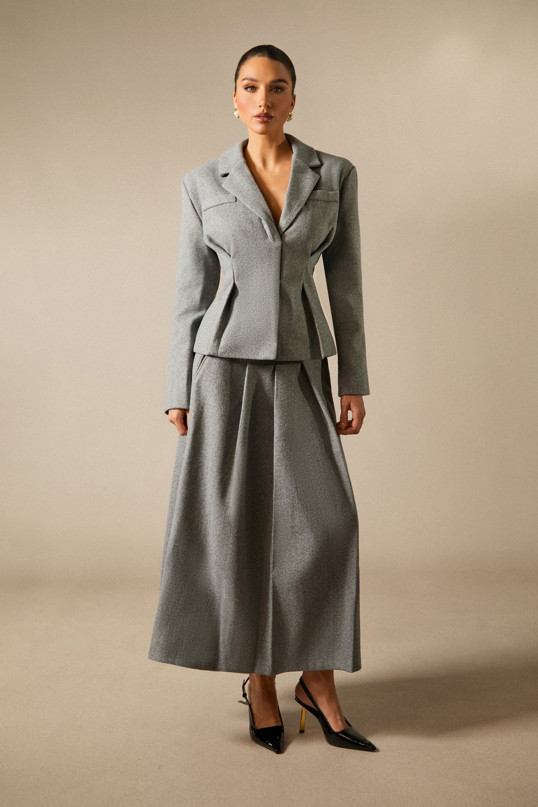 Chic Georgia Lapel Blazer & Pleated Midi Skirt Set: Elegant Power Suit