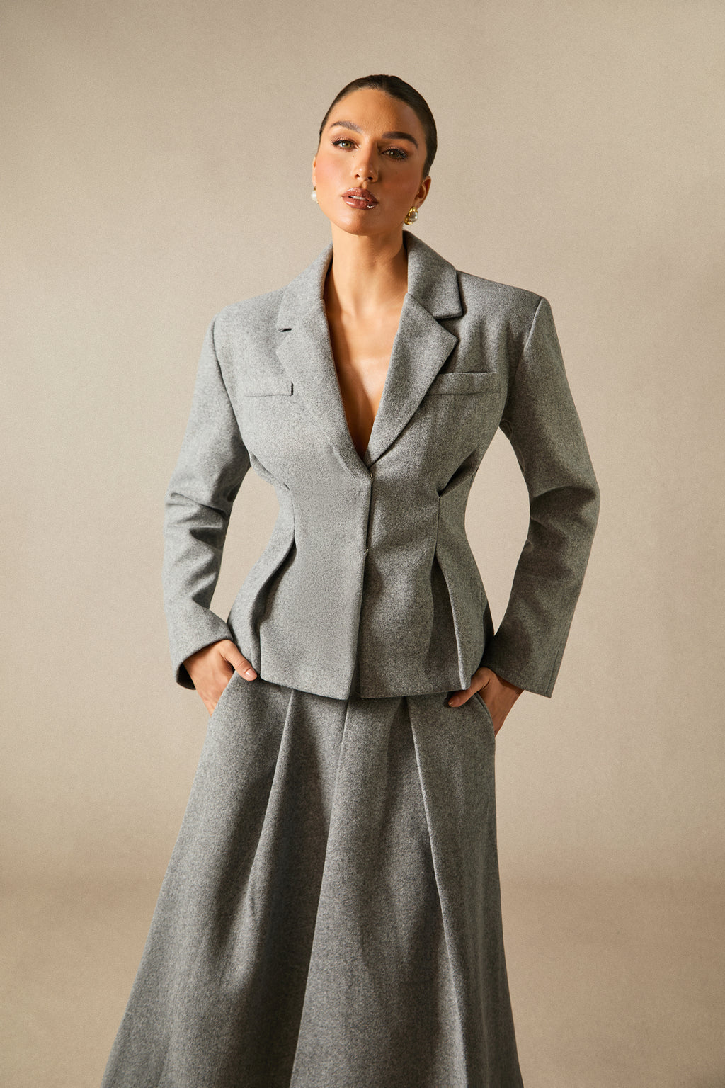 Chic Georgia Lapel Blazer & Pleated Midi Skirt Set: Elegant Power Suit