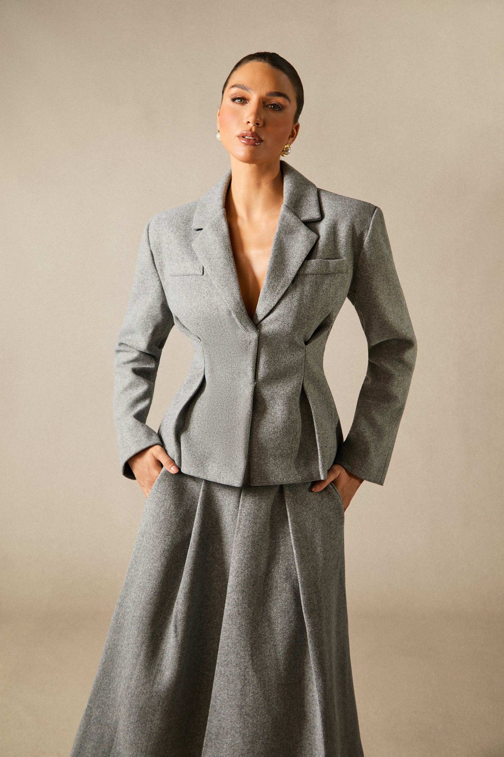Chic Georgia Lapel Blazer & Pleated Midi Skirt Set: Elegant Power Suit