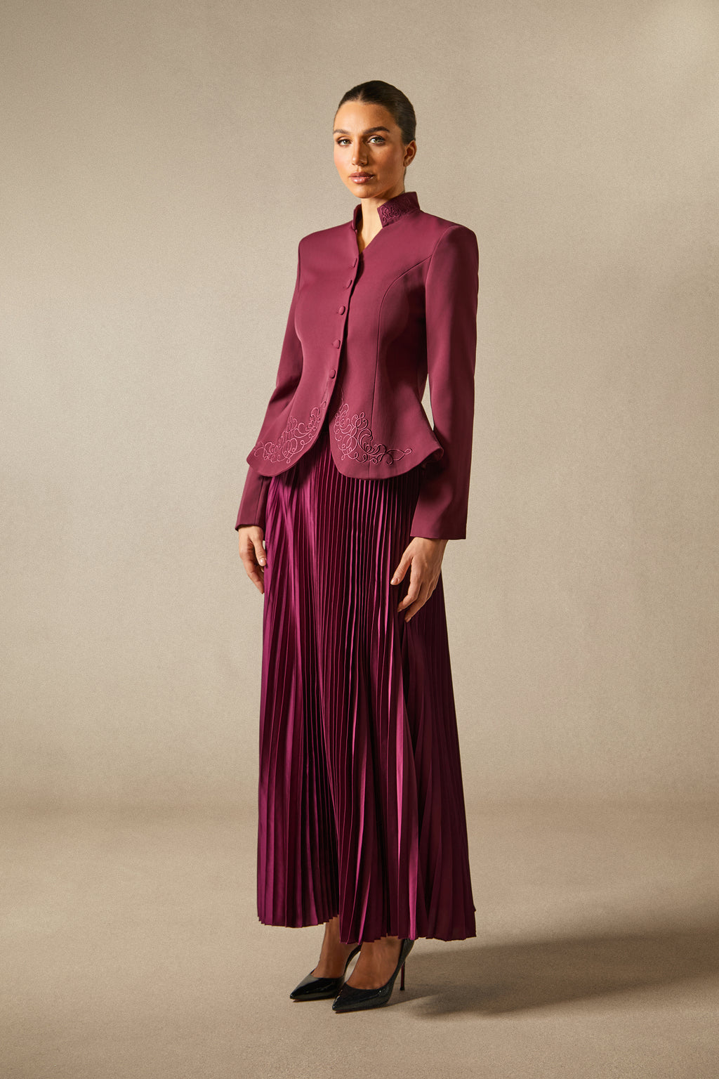 Elegant White Embroidered Blazer & Pleated Midi Skirt Set for Women