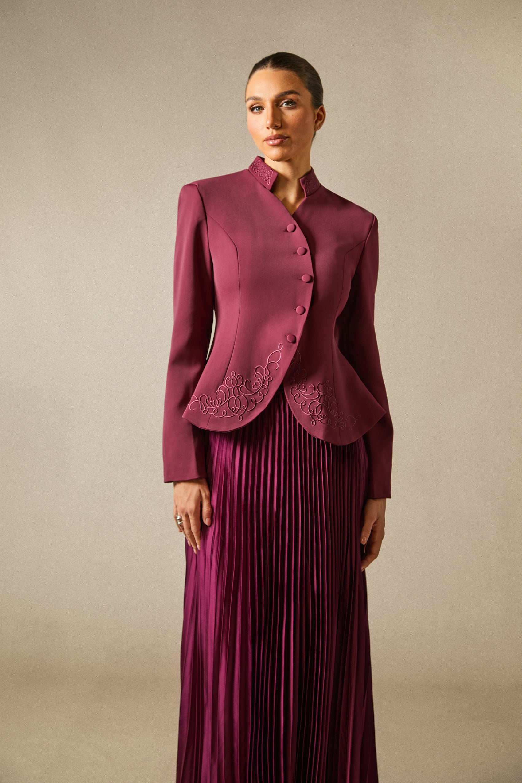 Elegant White Embroidered Blazer & Pleated Midi Skirt Set for Women