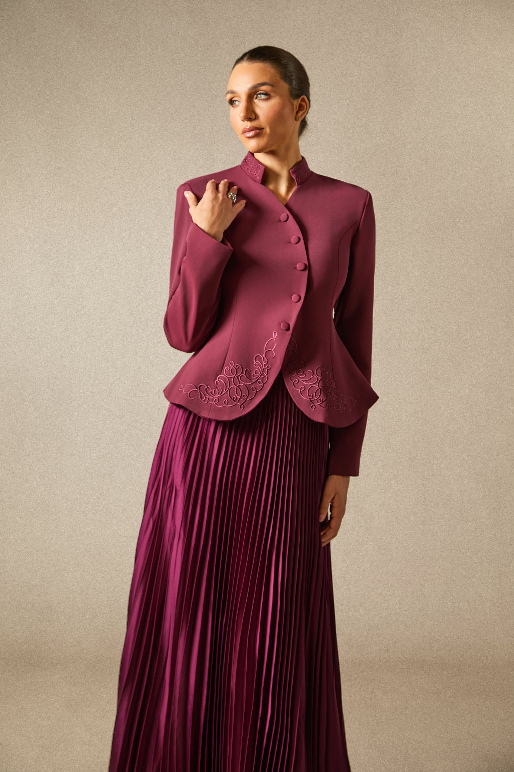Elegant White Embroidered Blazer & Pleated Midi Skirt Set for Women