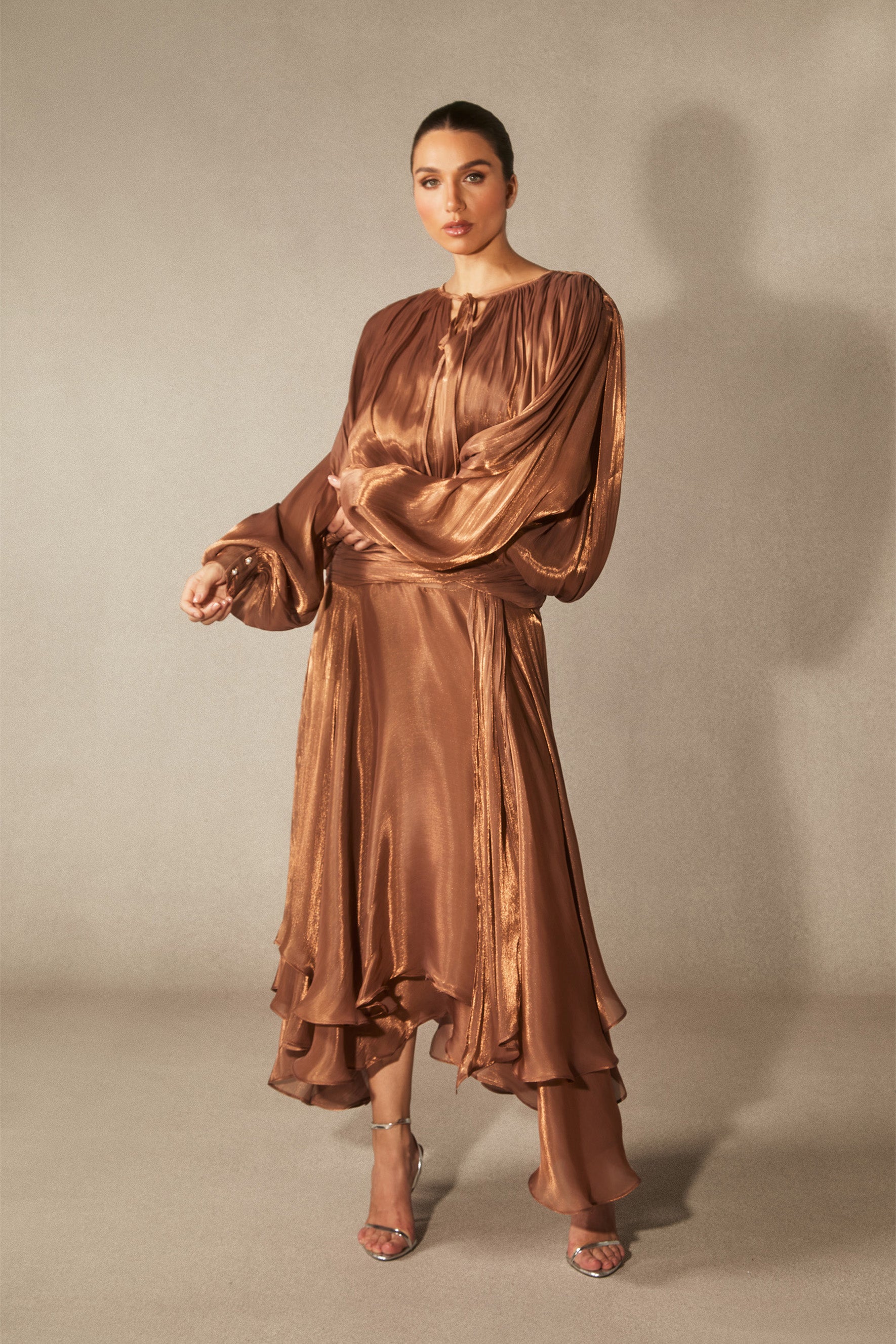 Elegant Leanna Long Sleeve Ruffled Hem Midi Dress with Pleated Bodice