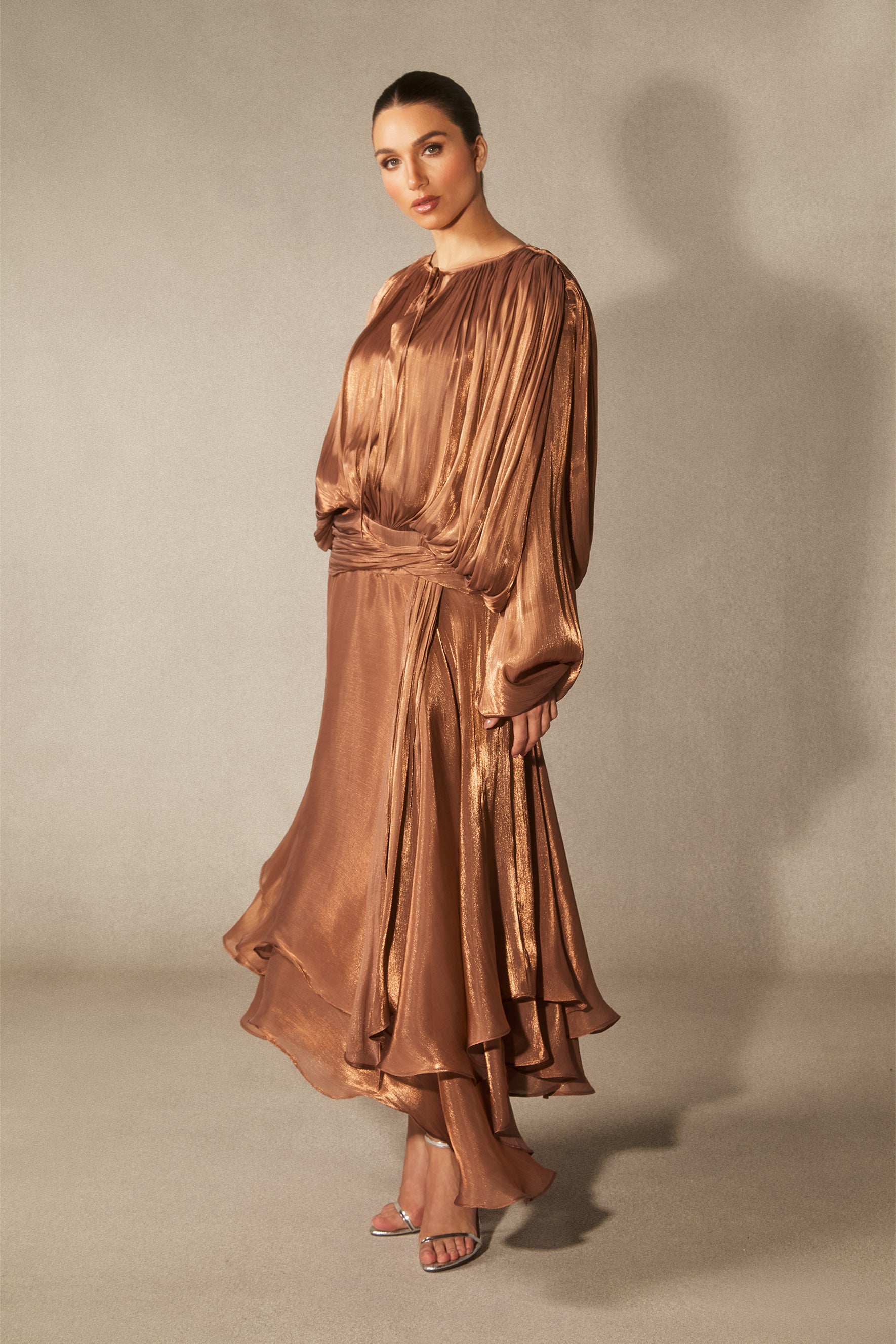 Elegant Leanna Long Sleeve Ruffled Hem Midi Dress with Pleated Bodice