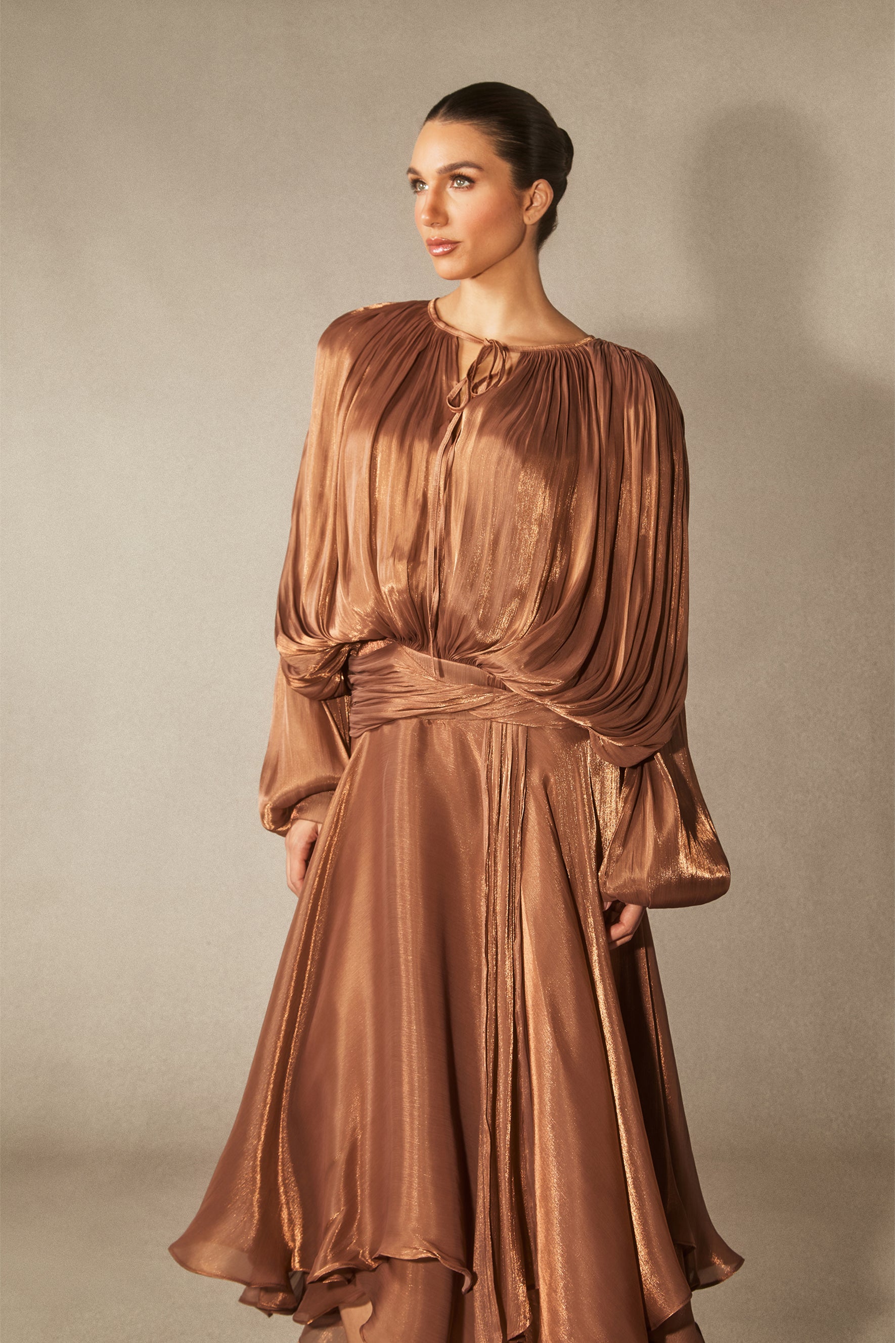 Elegant Leanna Long Sleeve Ruffled Hem Midi Dress with Pleated Bodice