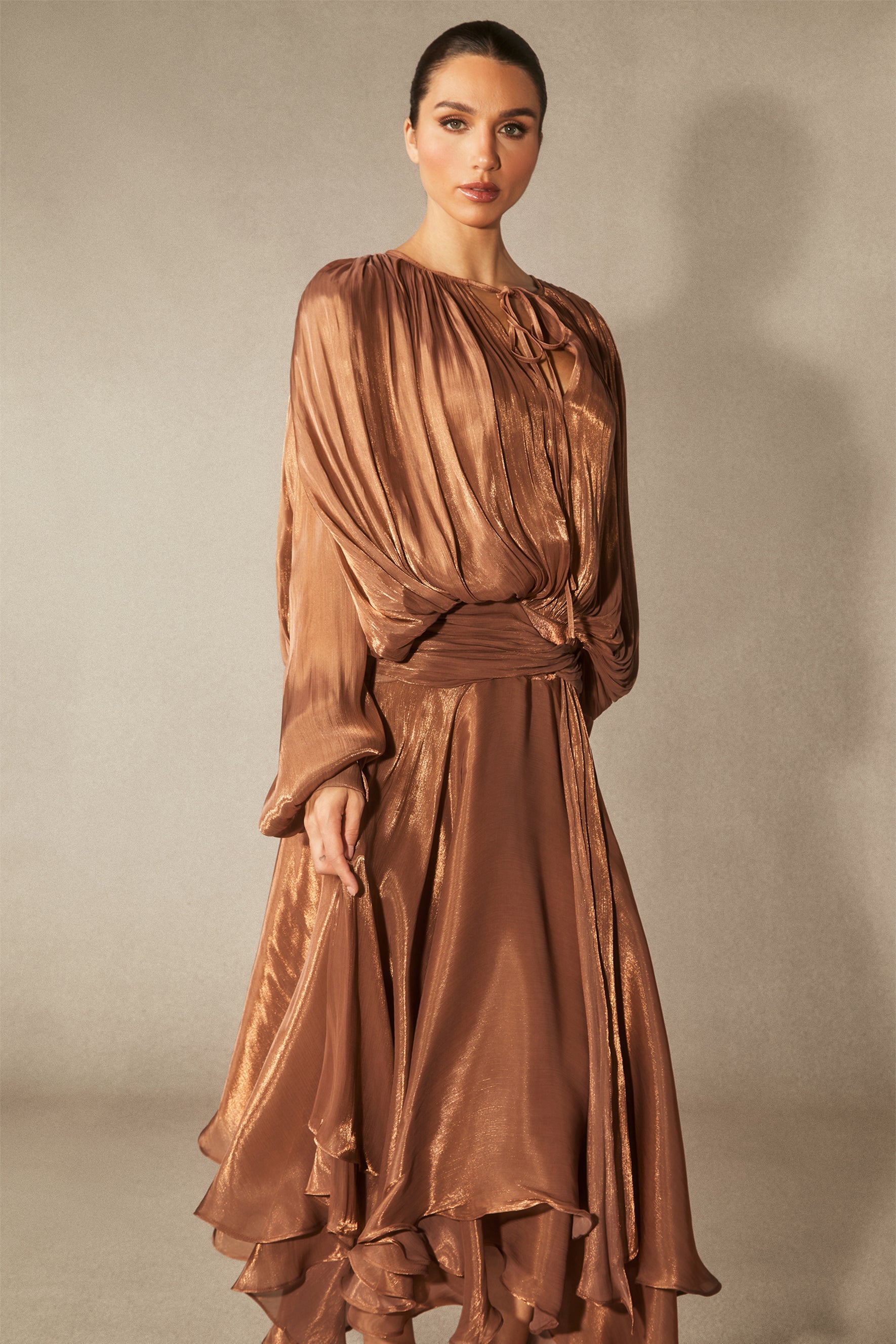 Elegant Leanna Long Sleeve Ruffled Hem Midi Dress with Pleated Bodice