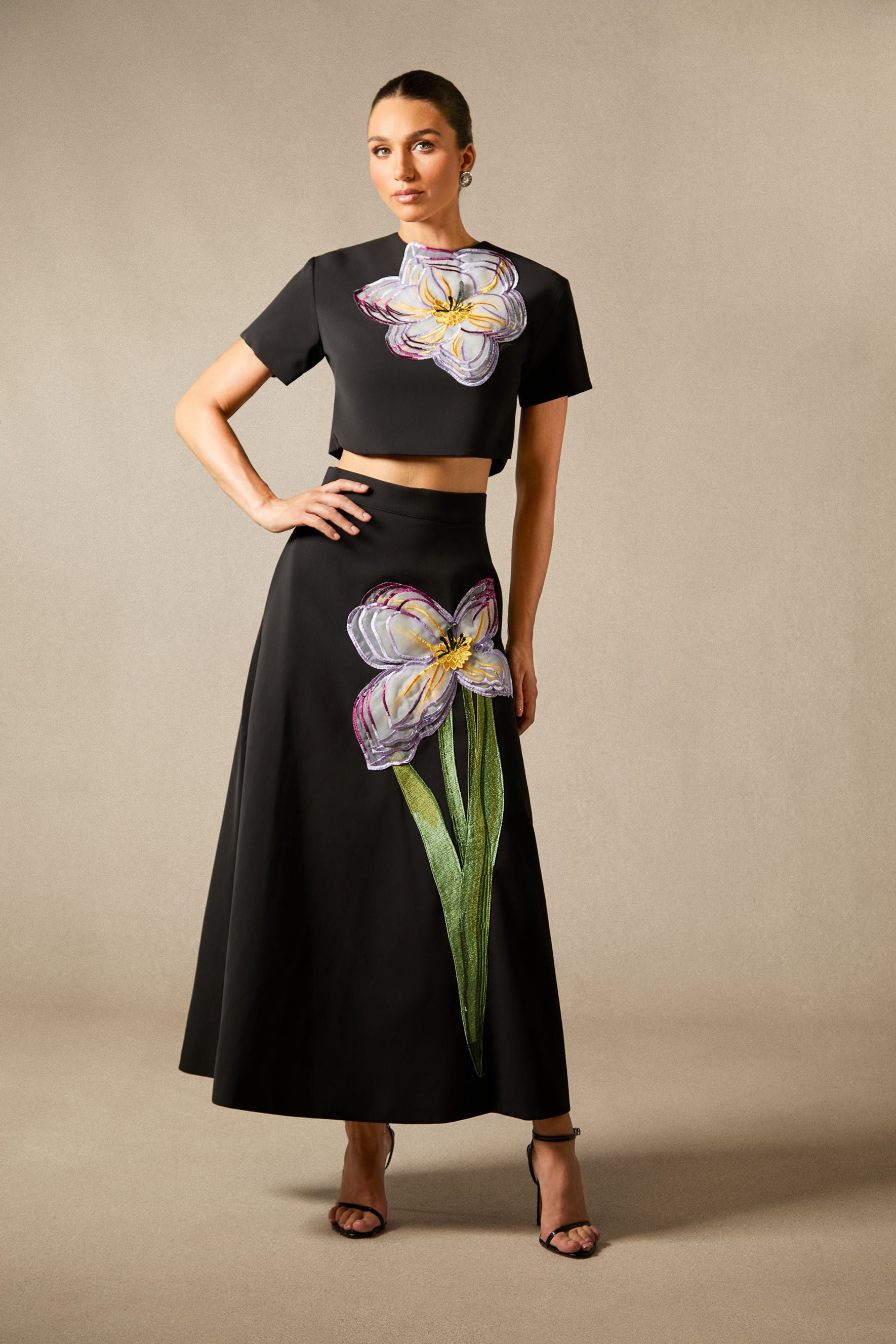 Elegant White Floral Appliqué Short Sleeve Top and A-Line Skirt Set