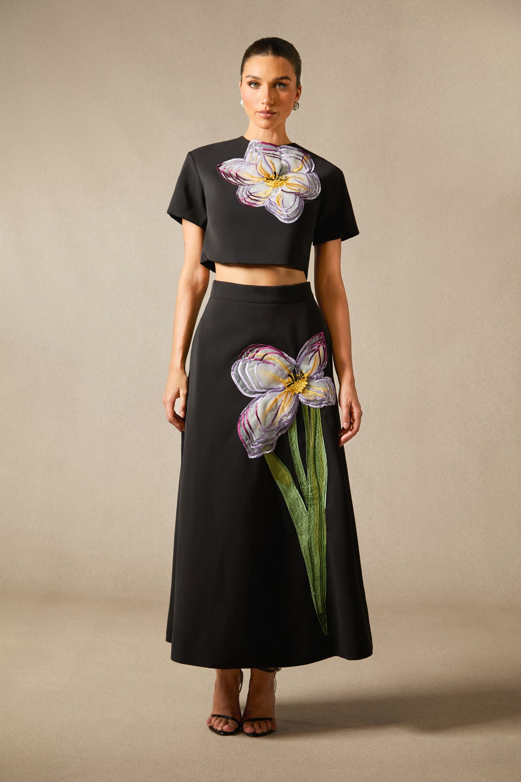 Elegant White Floral Appliqué Short Sleeve Top and A-Line Skirt Set