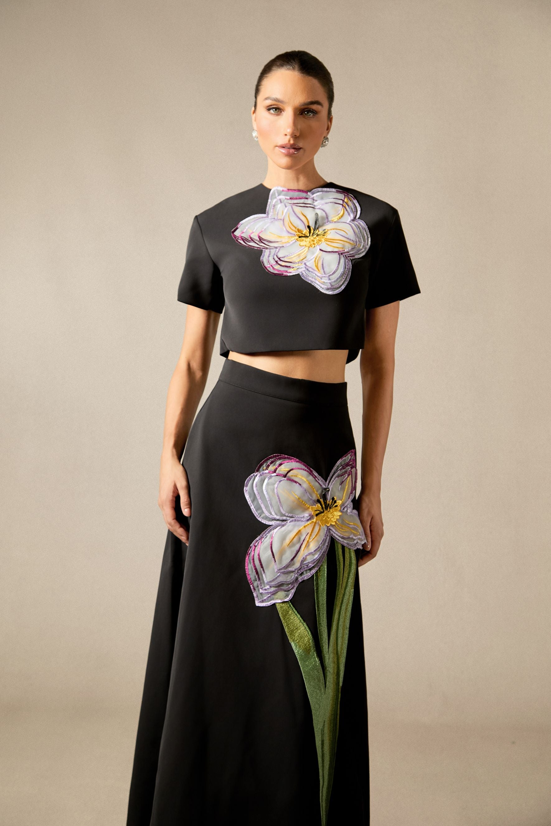 Elegant White Floral Appliqué Short Sleeve Top and A-Line Skirt Set