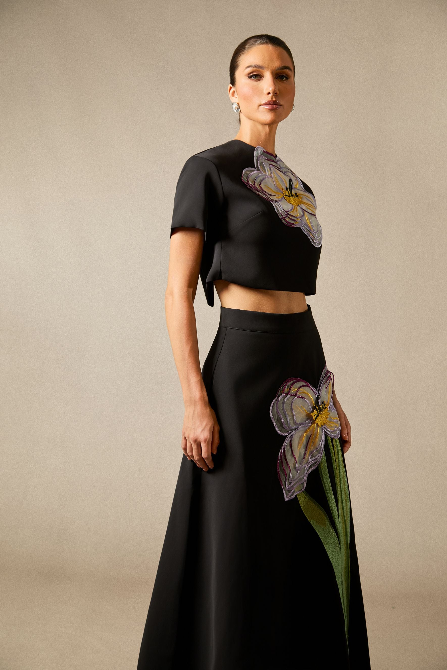 Elegant White Floral Appliqué Short Sleeve Top and A-Line Skirt Set
