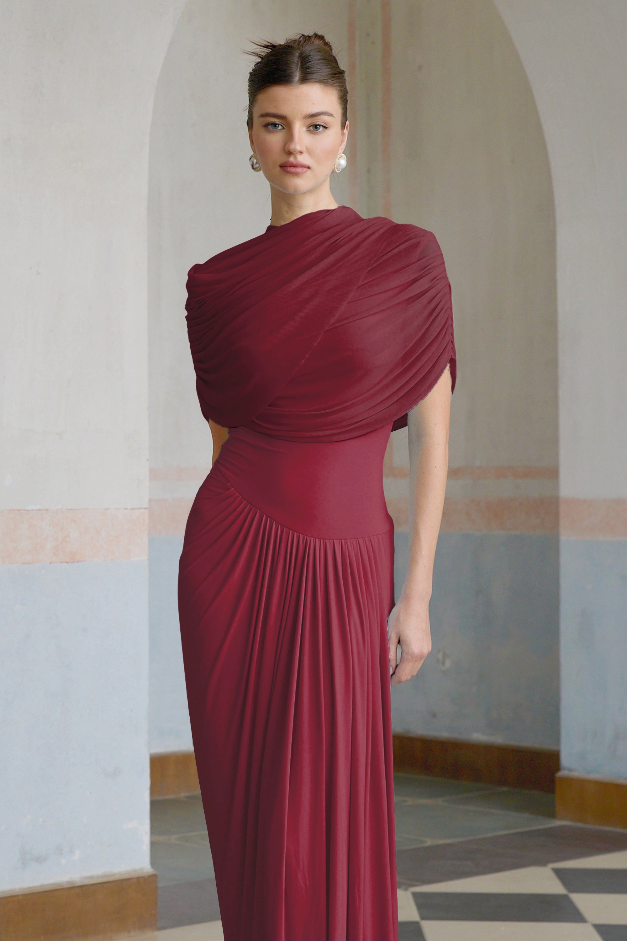 Catherine Red Asymmetric Pleated Maxi Dress with Mesh Shawl