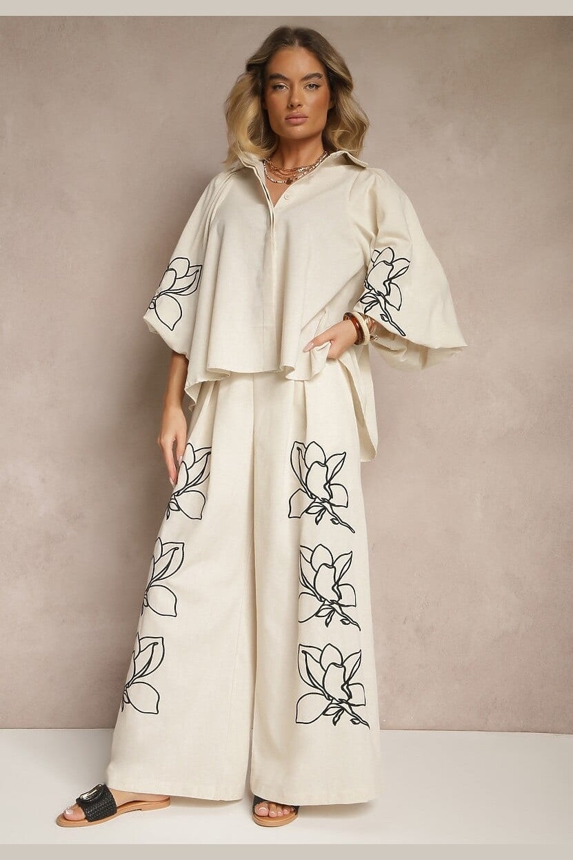Seffra Beige Floral Pattern Shirt and Wide-Leg Pants Set for Women