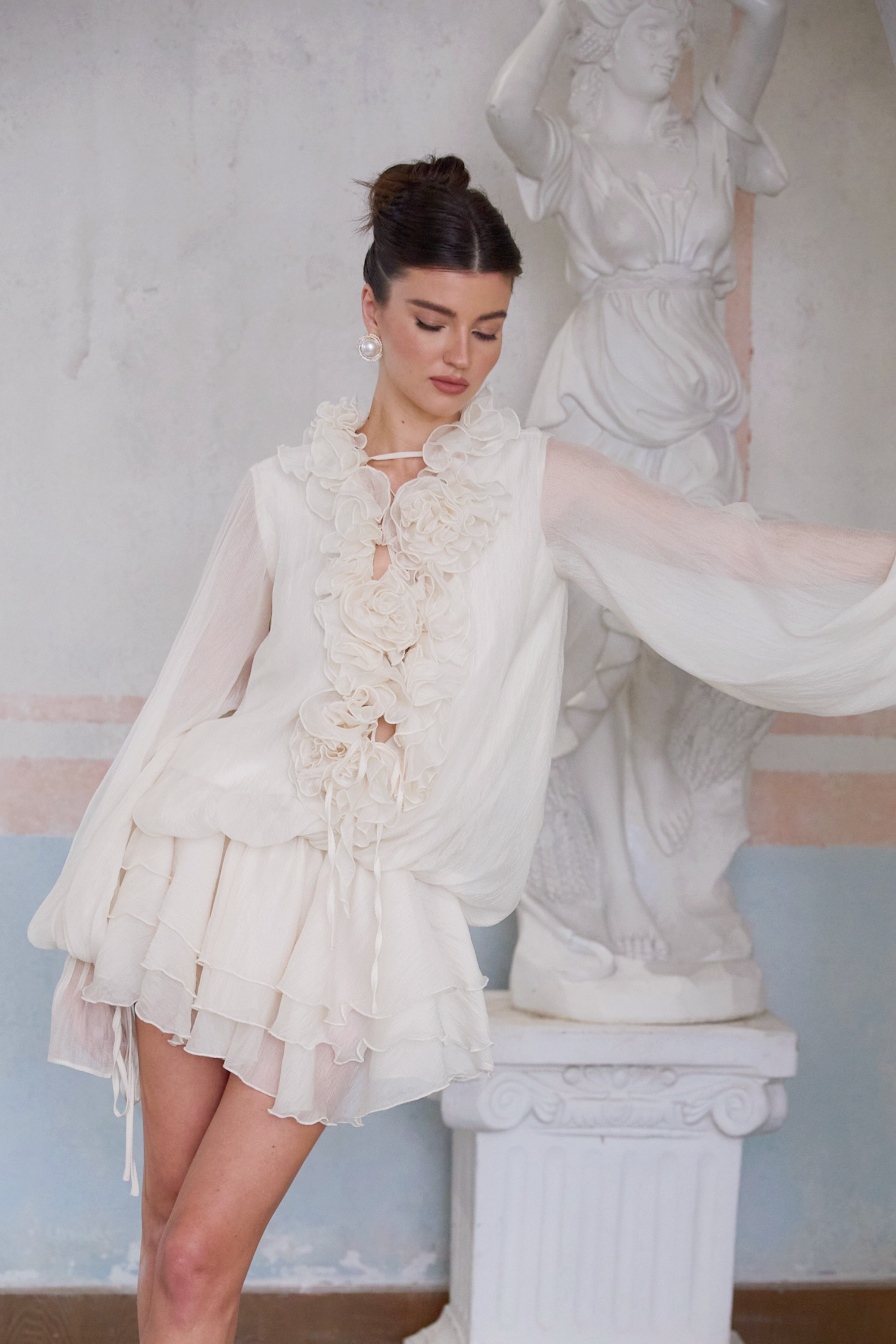 Elegant Zephyrine Floral Applique Tiered Mini Dress in Neutral Tones