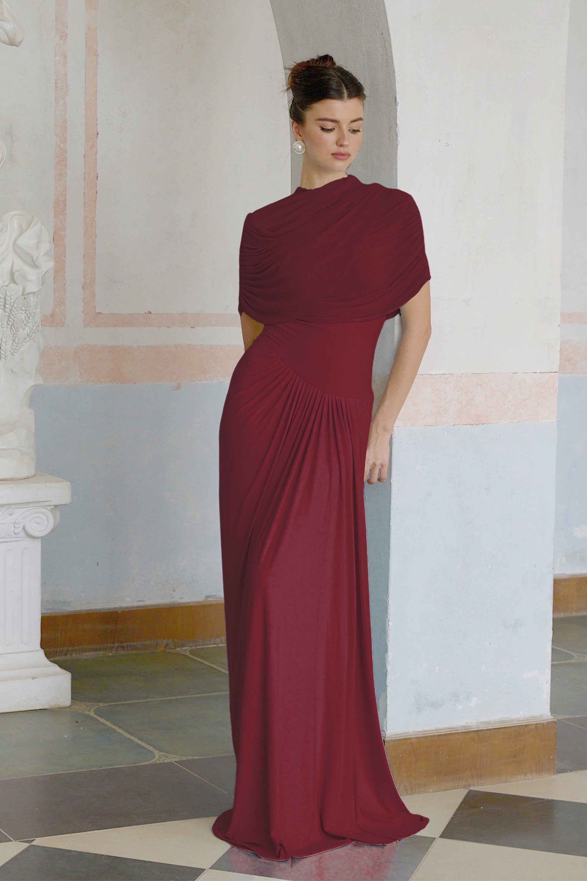 Catherine Red Asymmetric Pleated Maxi Dress with Mesh Shawl
