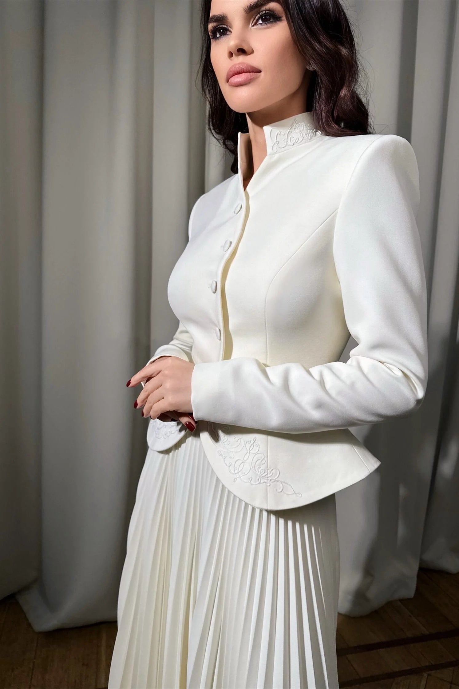 Elegant White Embroidered Blazer & Pleated Midi Skirt Set for Women