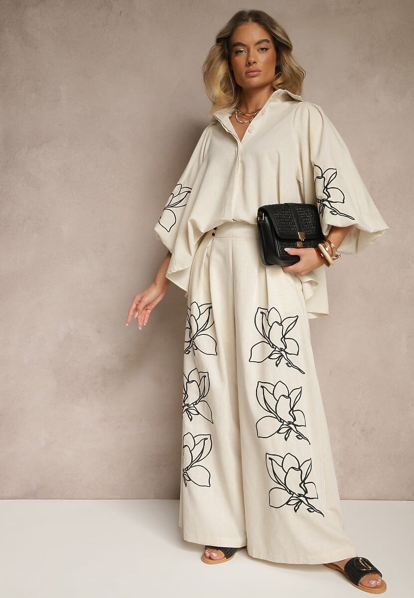 Seffra Beige Floral Pattern Shirt and Wide-Leg Pants Set for Women