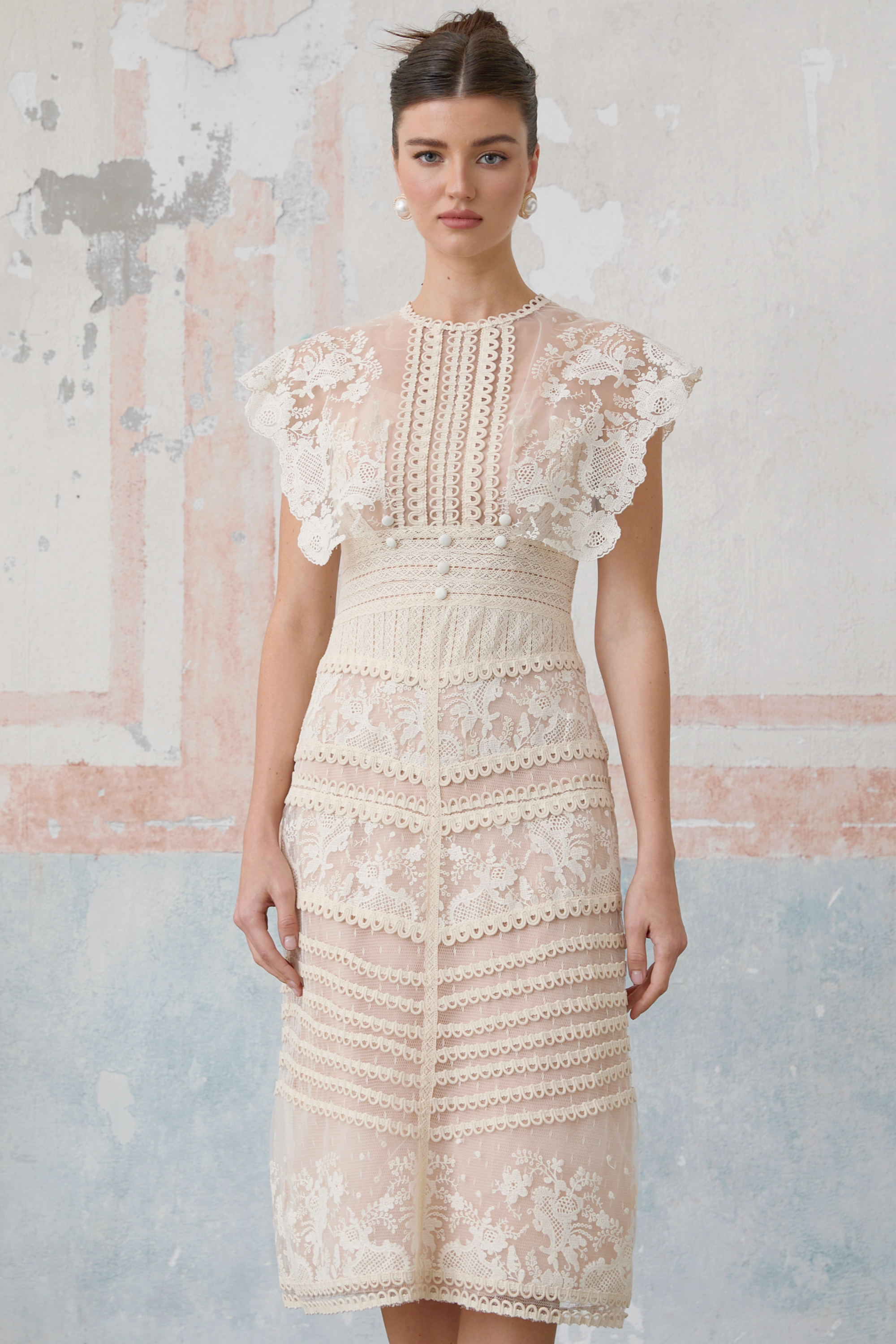 Fleur Floral Embroidered Lace Midi Dress Elegant Sheer Mesh Party Gown