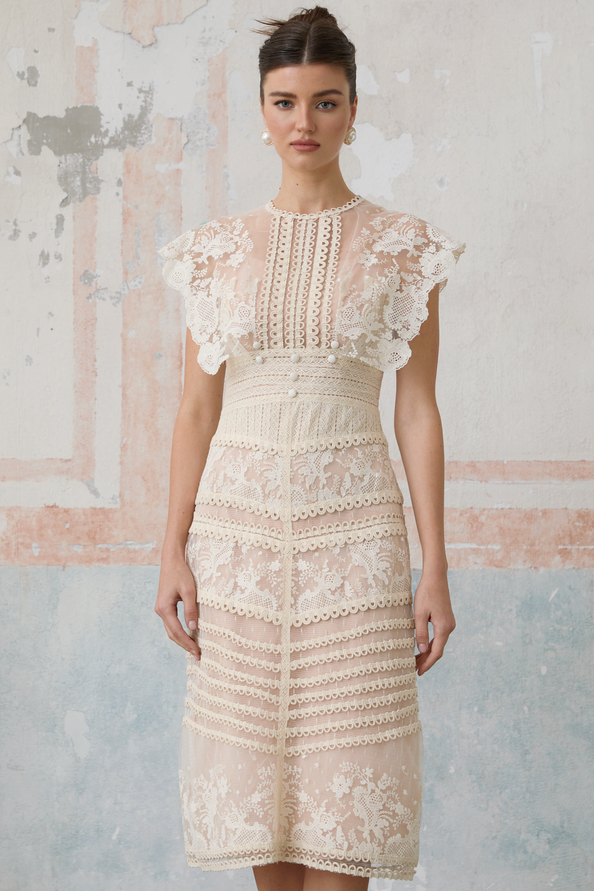 Fleur Floral Embroidered Lace Midi Dress Elegant Sheer Mesh Party Gown