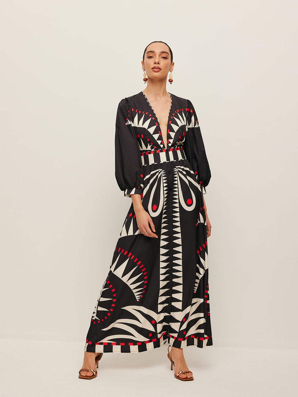 Boho Print V‑Neck Maxi Split Dress with 3/4 Sleeves