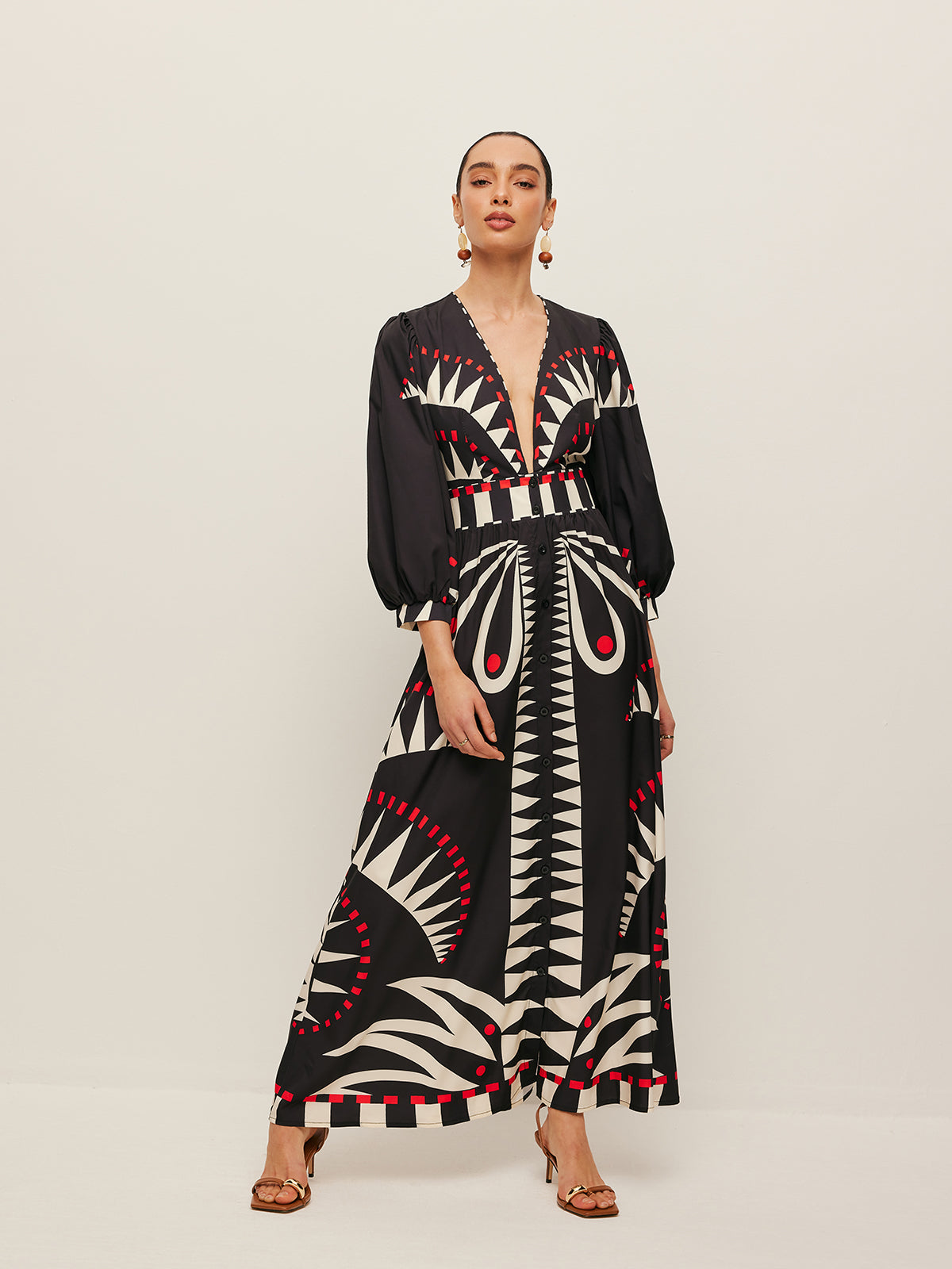 Boho Print V‑Neck Maxi Split Dress with 3/4 Sleeves