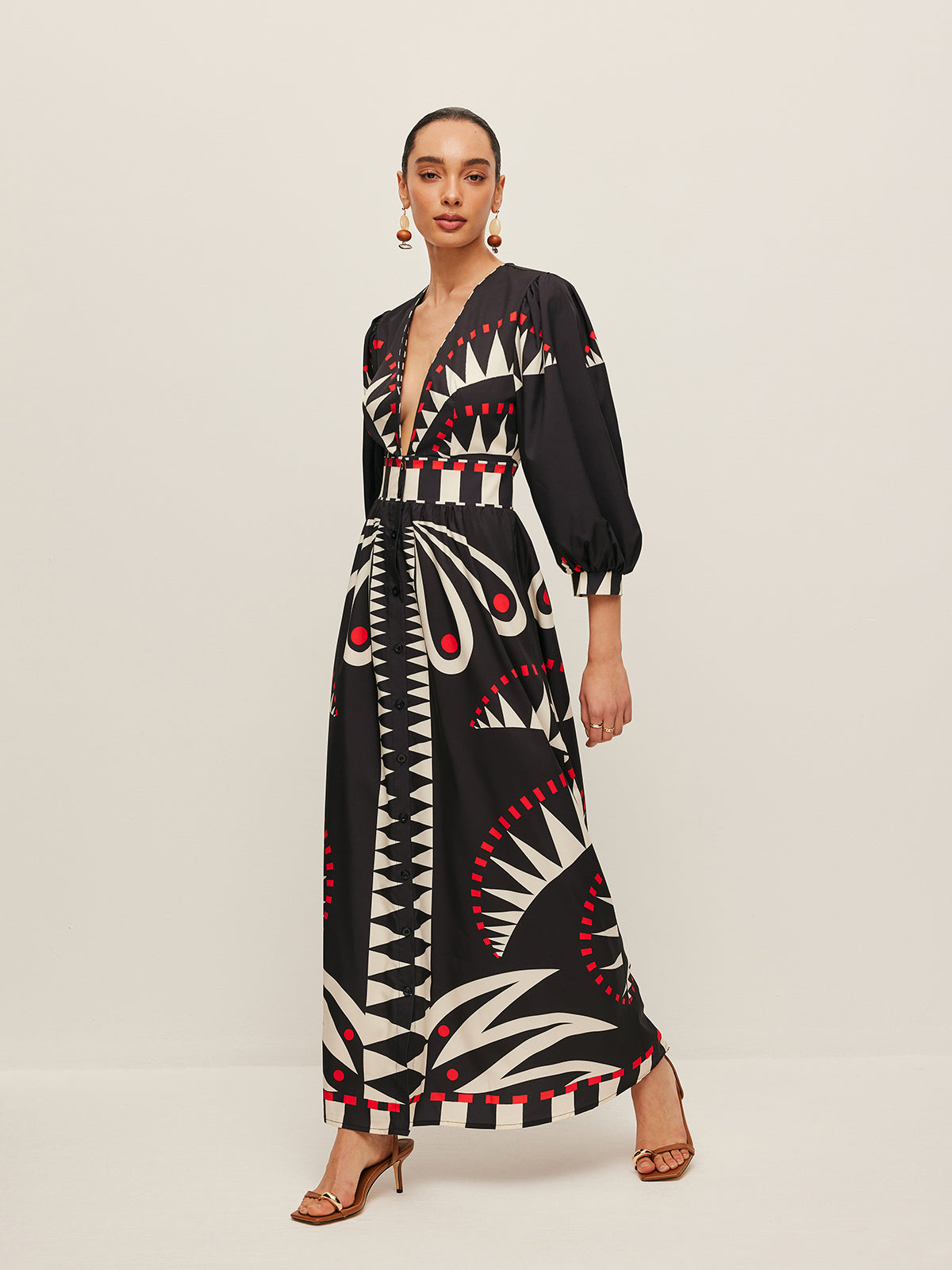 Boho Print V‑Neck Maxi Split Dress with 3/4 Sleeves