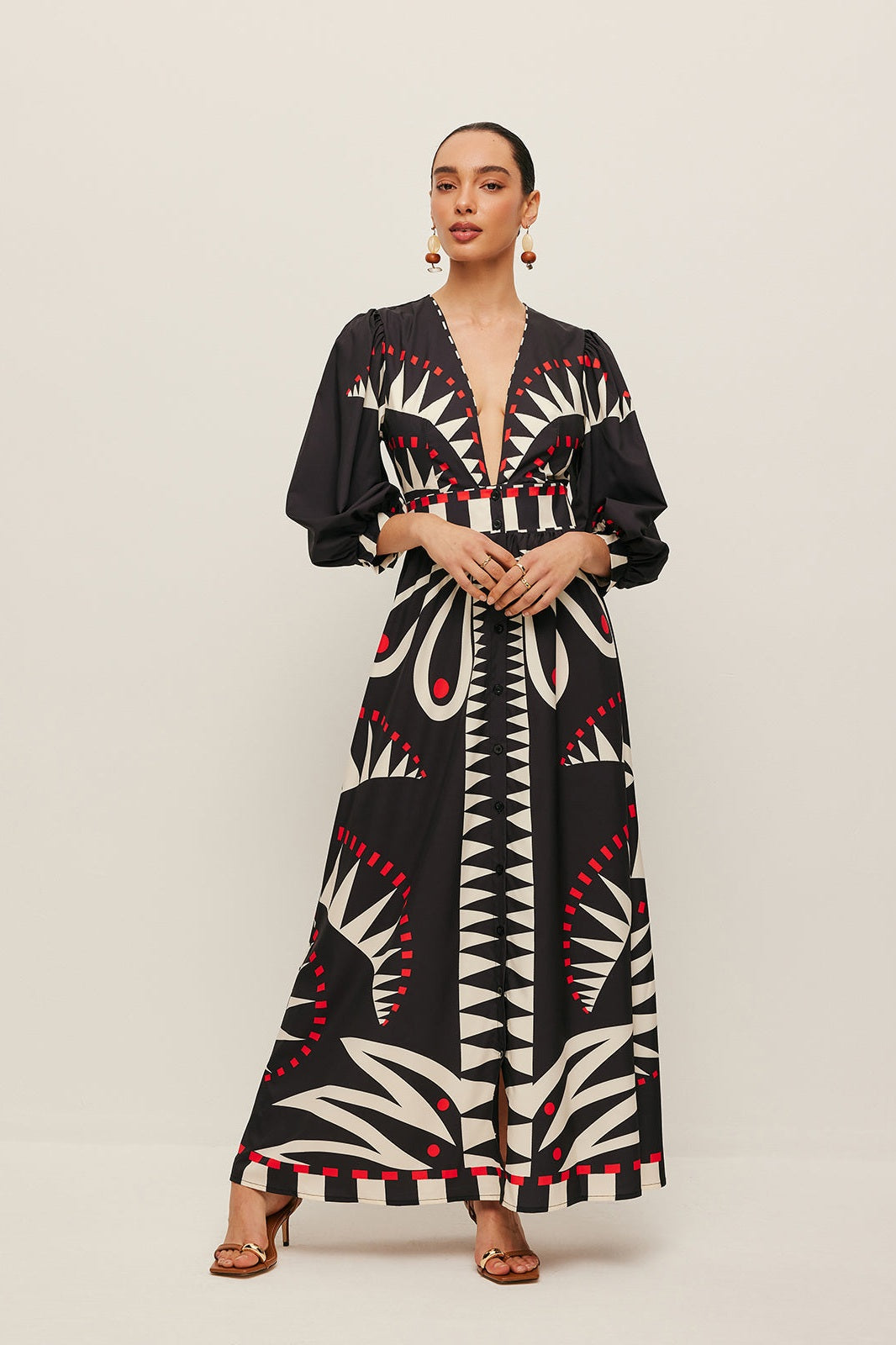 Boho Print V‑Neck Maxi Split Dress with 3/4 Sleeves