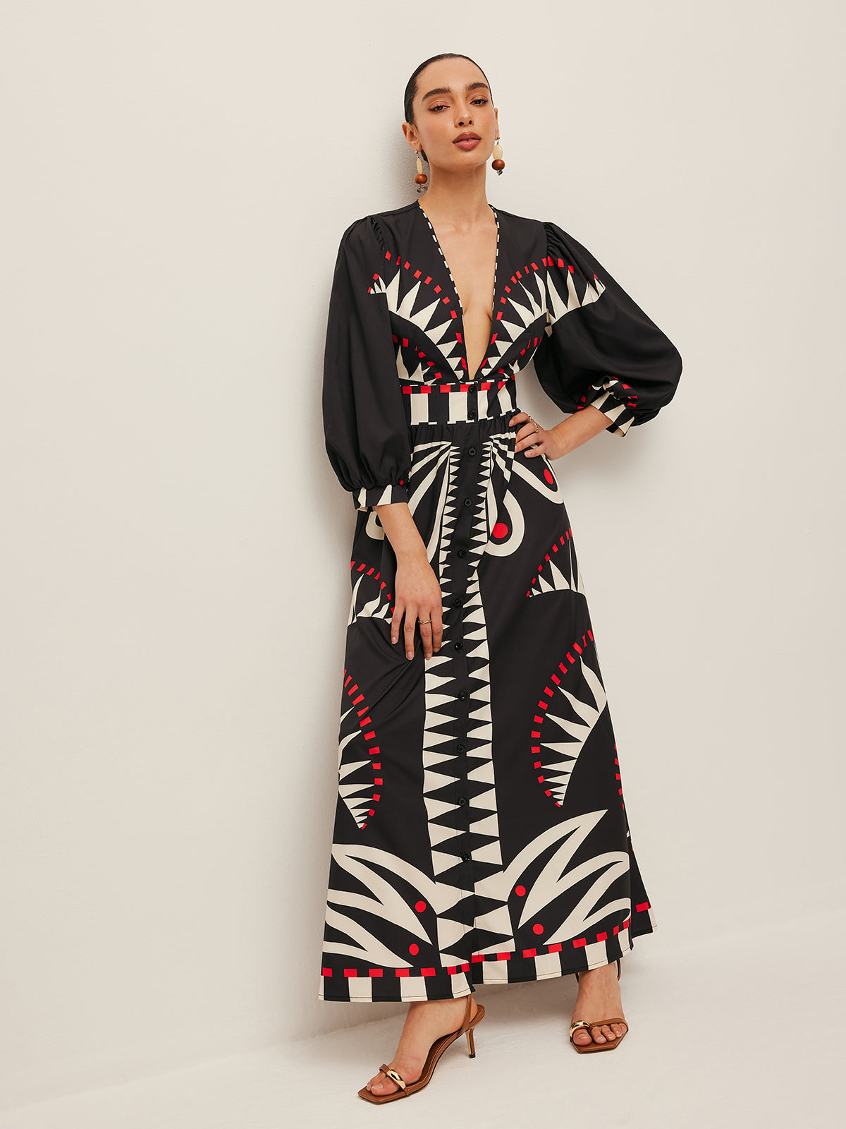 Boho Print V‑Neck Maxi Split Dress with 3/4 Sleeves