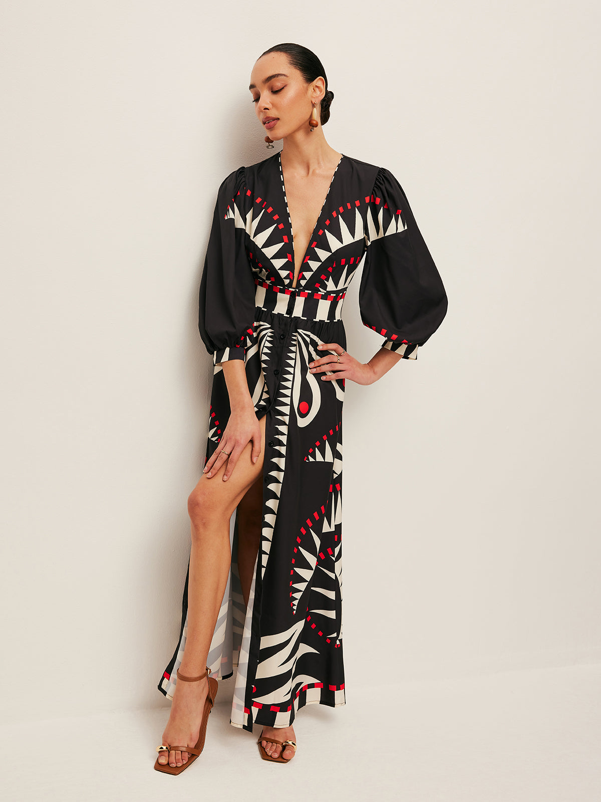 Boho Print V‑Neck Maxi Split Dress with 3/4 Sleeves