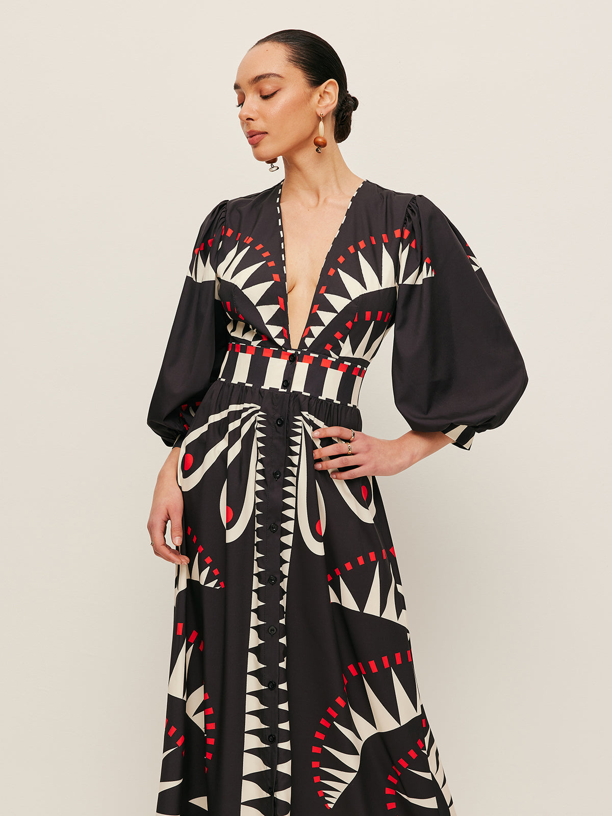 Boho Print V‑Neck Maxi Split Dress with 3/4 Sleeves
