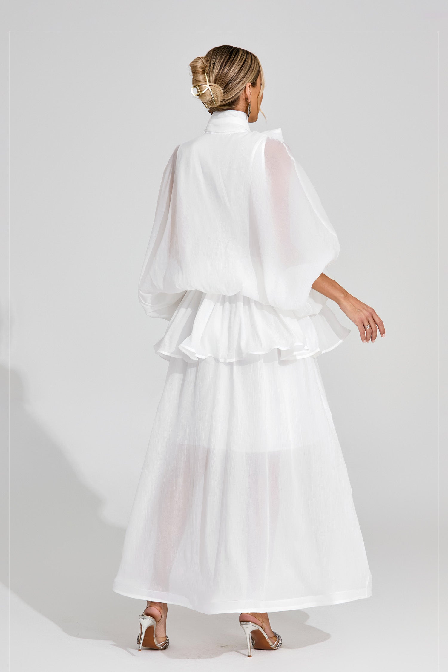 Ethereal White Sheer Bow Dress, High Neck, Elegant Balloon Sleeves