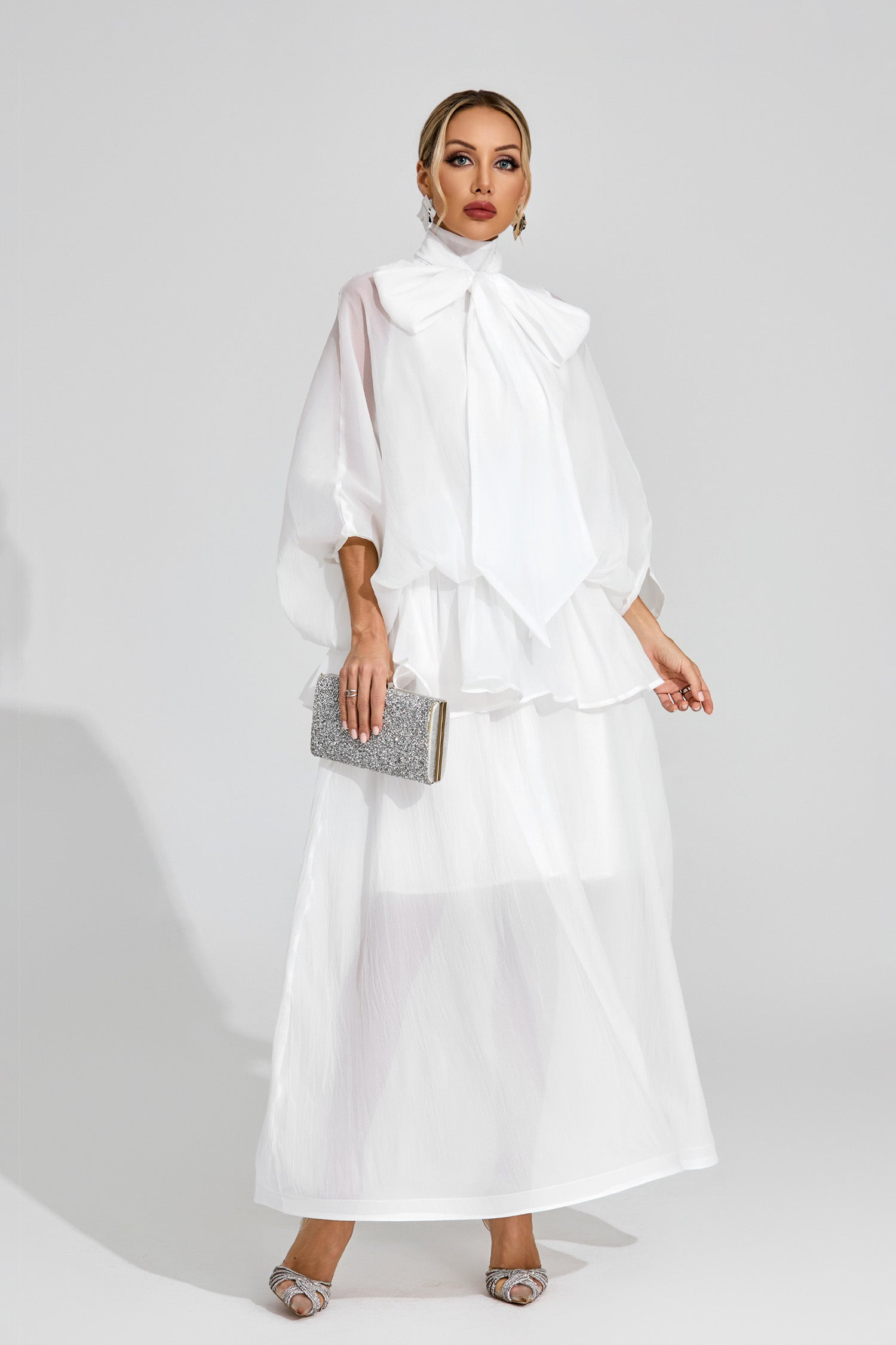 Ethereal White Sheer Bow Dress, High Neck, Elegant Balloon Sleeves