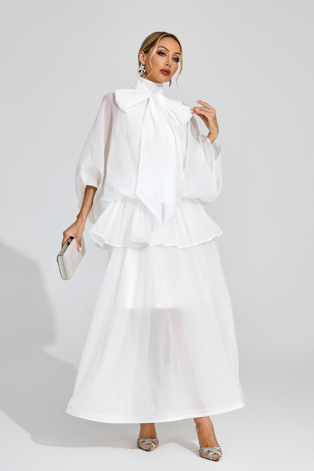 Ethereal White Sheer Bow Dress, High Neck, Elegant Balloon Sleeves