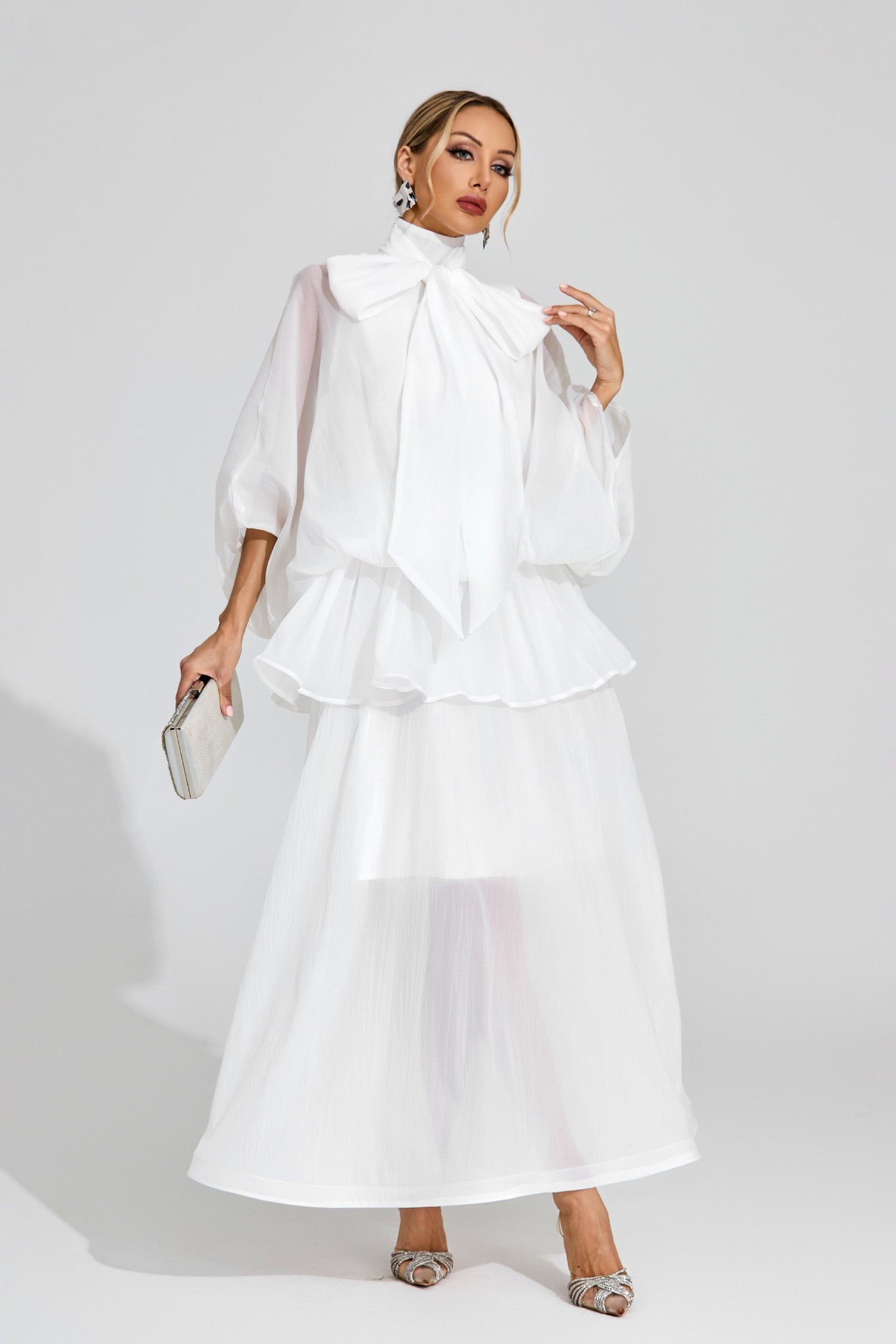 Ethereal White Sheer Bow Dress, High Neck, Elegant Balloon Sleeves