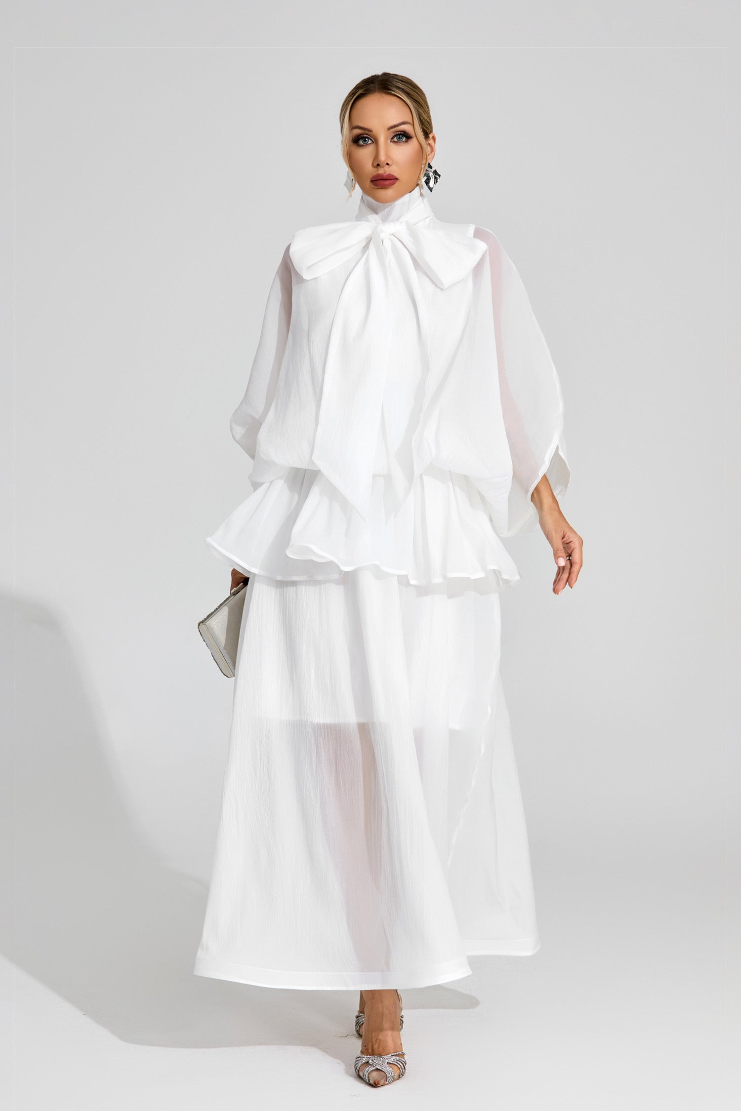 Ethereal White Sheer Bow Dress, High Neck, Elegant Balloon Sleeves